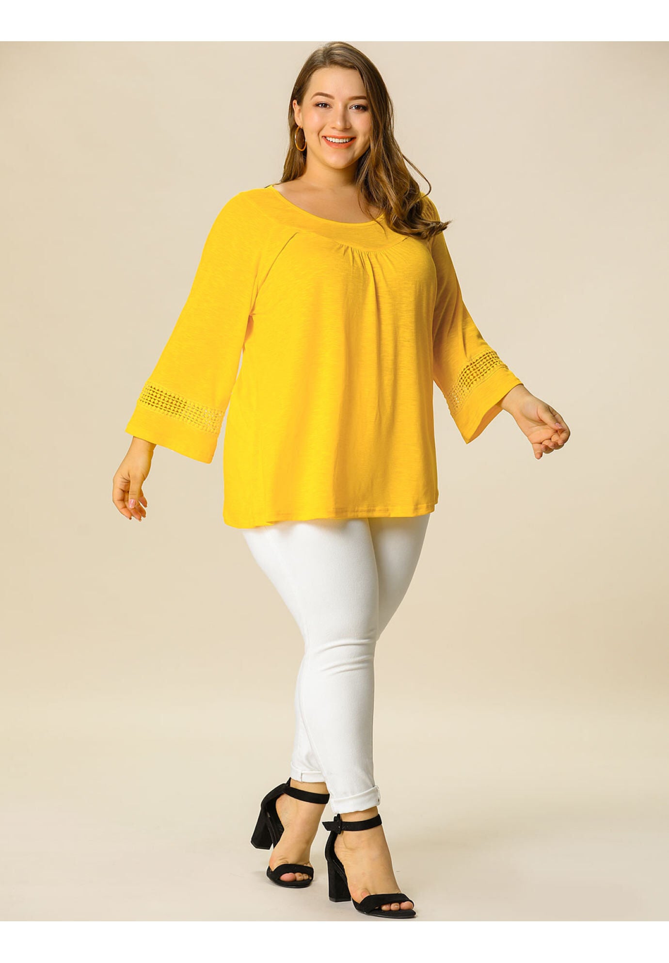 CROCHET PANEL HOLLOW OUT PLEATED TUNICS BLOUSE TOP, Yellow / Yellow, hi-res image number 0
