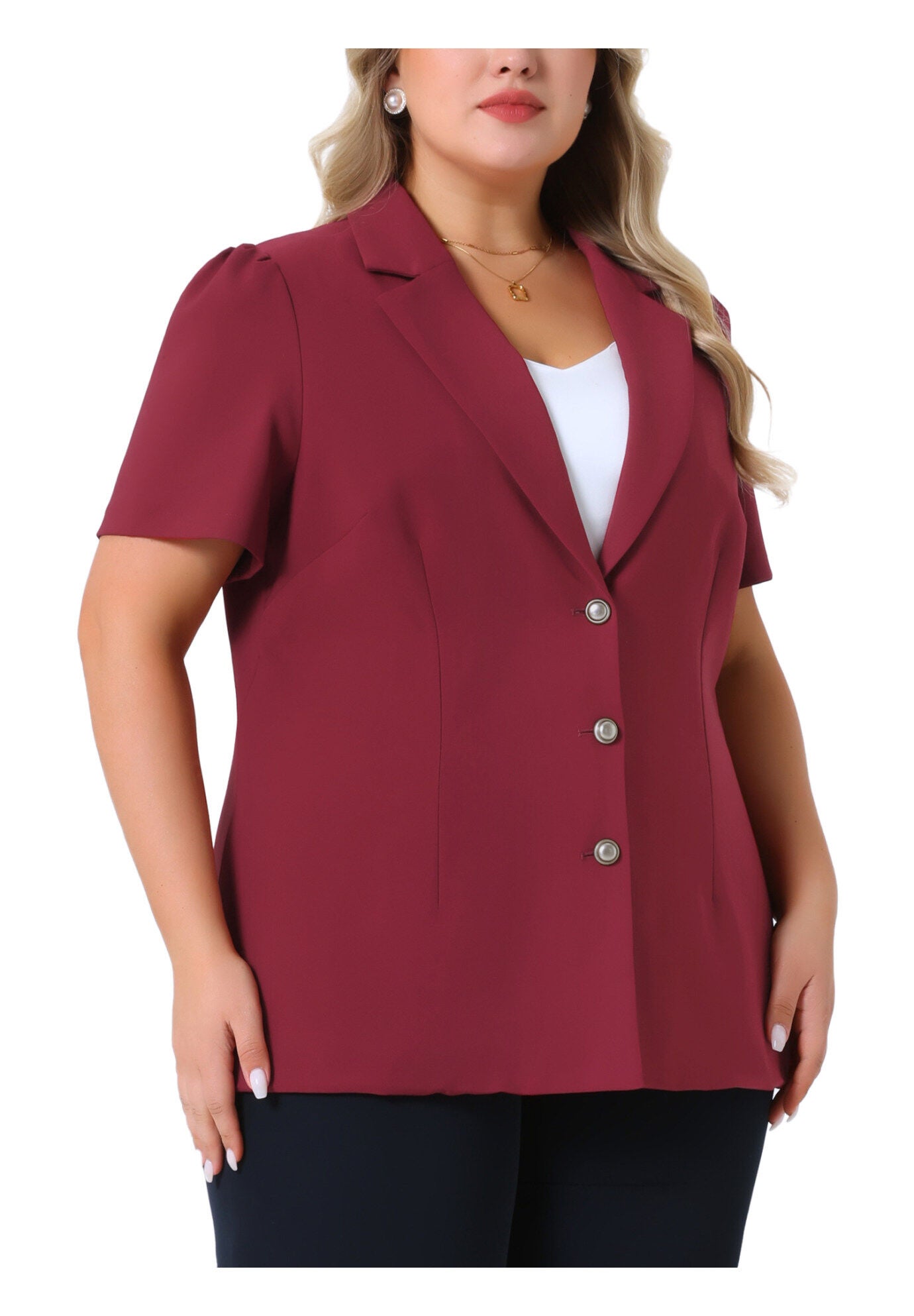 Notched Lapel Short Puff Sleeve Blazer Jackets, Burgundy / Burgundy, alternate image number 1