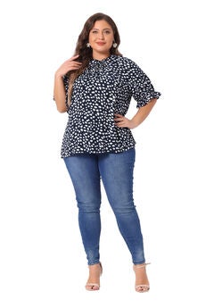 Polka Dots Printed Short Sleeve Ruffle Mock Neck Blouse