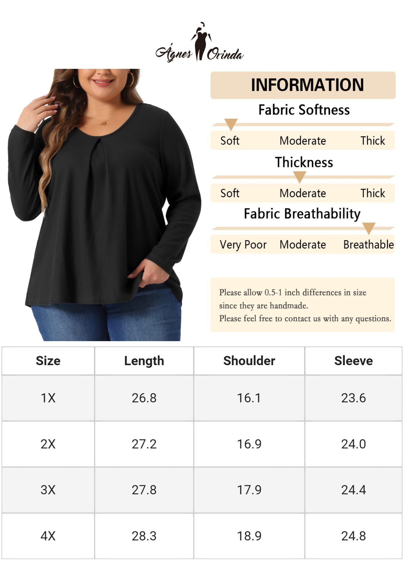 Crew Neck Pleat Front Long Sleeve Waffle Knit Blouse Shirt, Black / Black, alternate image number 4