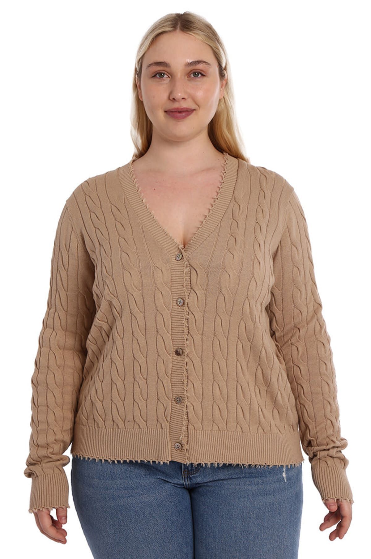 Cotton frayed edge cable cardigan, Brown Sugar / Beige, hi-res image number 0