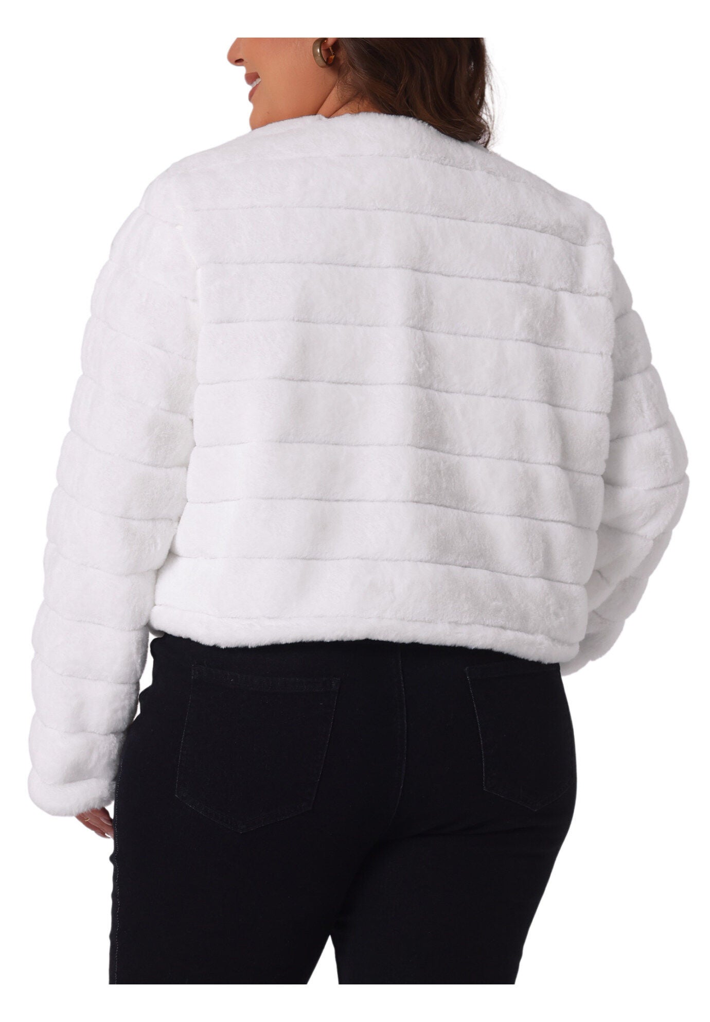 OPEN FRONT CROPPED FAUX FUR WINTER FLUFFY JACKET, White / White, alternate image number 3