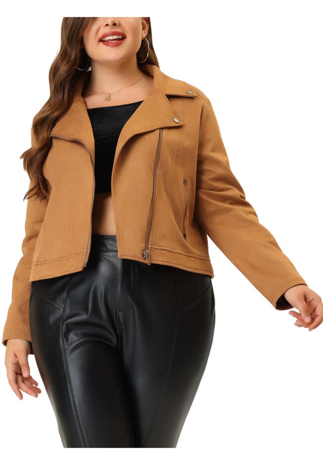 CROPPED MOTO BIKER ZIP UP FAUX LEATHER SUEDE JACKET, Camel / Brown, alternate image number 2