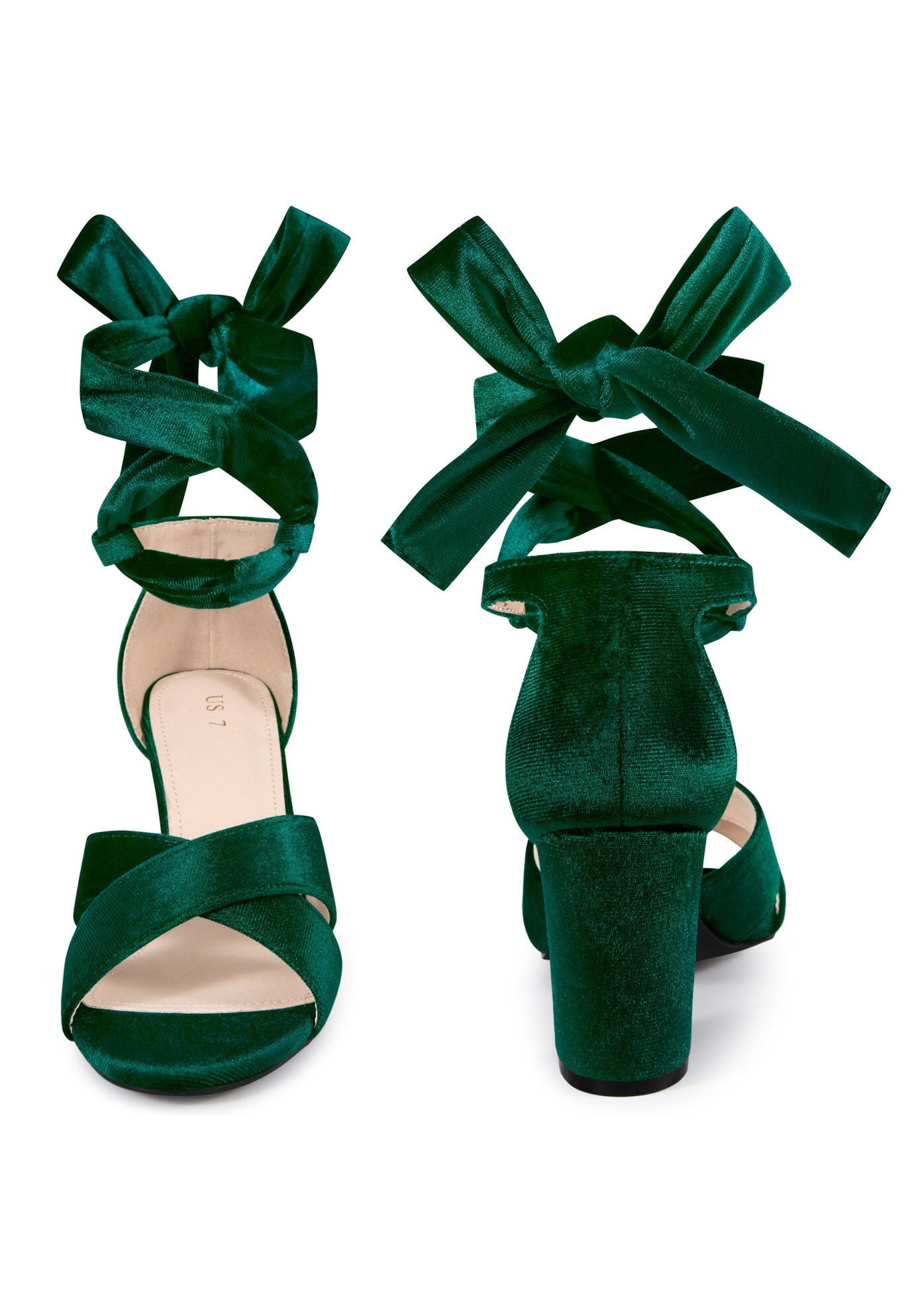 Chunky Heel Cross Strap Lace Up Velvet Sandals, Emerald Green / Hunter Green, alternate image number 1