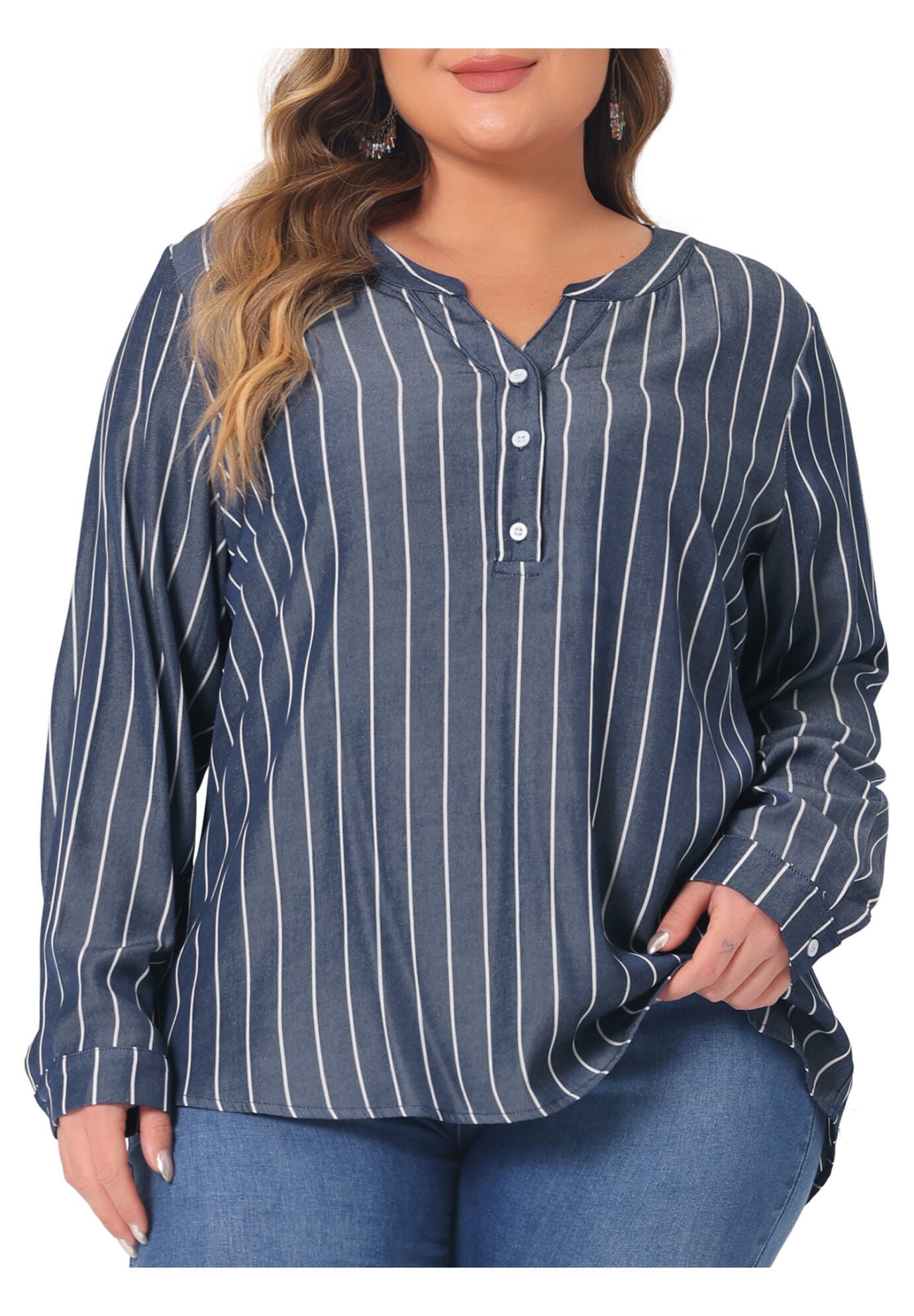 Long Sleeve Button Down Shirt Top, Black Blue / Navy, alternate image number 2