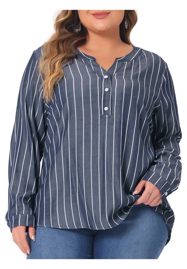 Long Sleeve Button Down Shirt Top, Black Blue / Navy, alternate image number 2