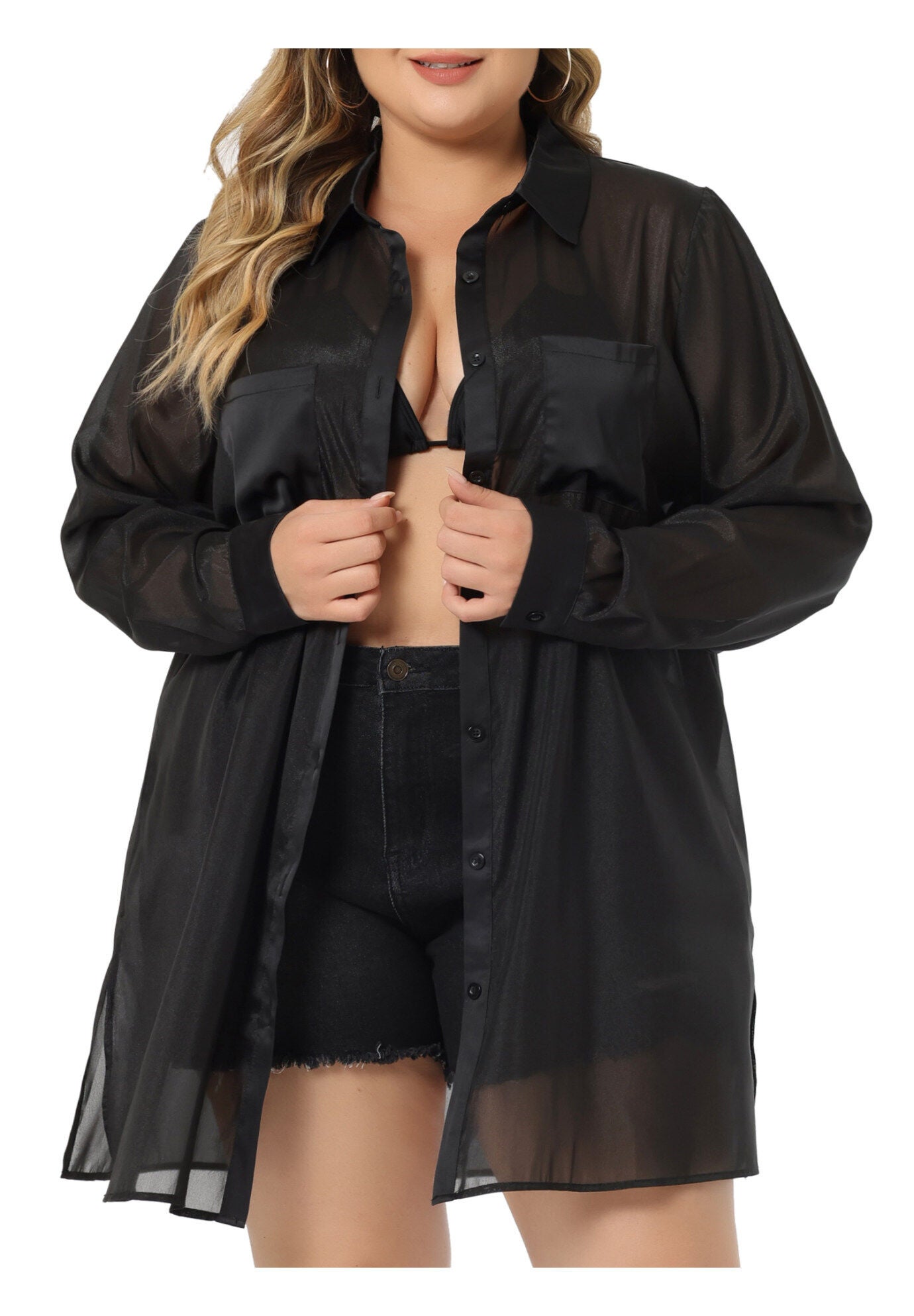 LONG SLEEVE BUTTON DOWN SOLID SHEER SHIRT TOP, Black / Black, alternate image number 2
