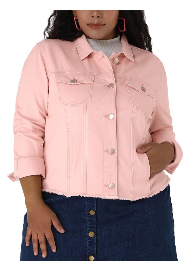 WASHED FRONT FRAYED DENIM JACKET, Pink / Pink, alternate image number 1