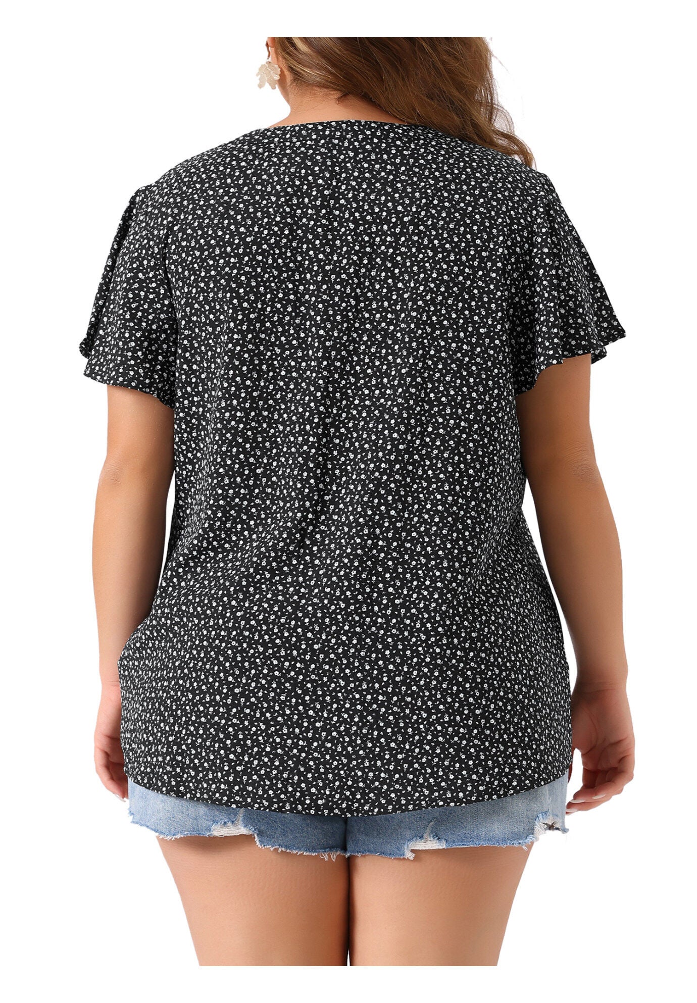 Flare Short Sleeve Button Down Floral Top Chiffon Shirt, Black White / Black, alternate image number 3