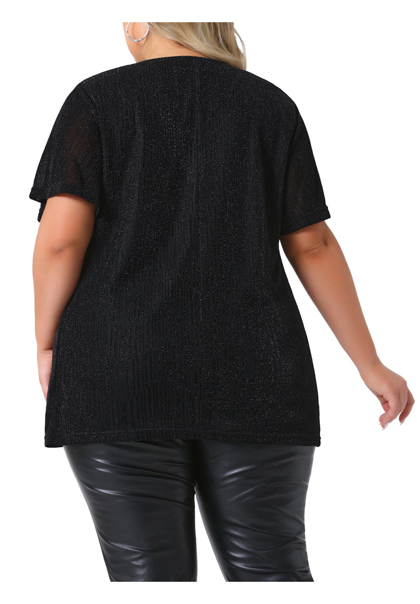 V Neck Metallic Short Sleeve Party Blouse Tee Top, Black / Black, alternate image number 3
