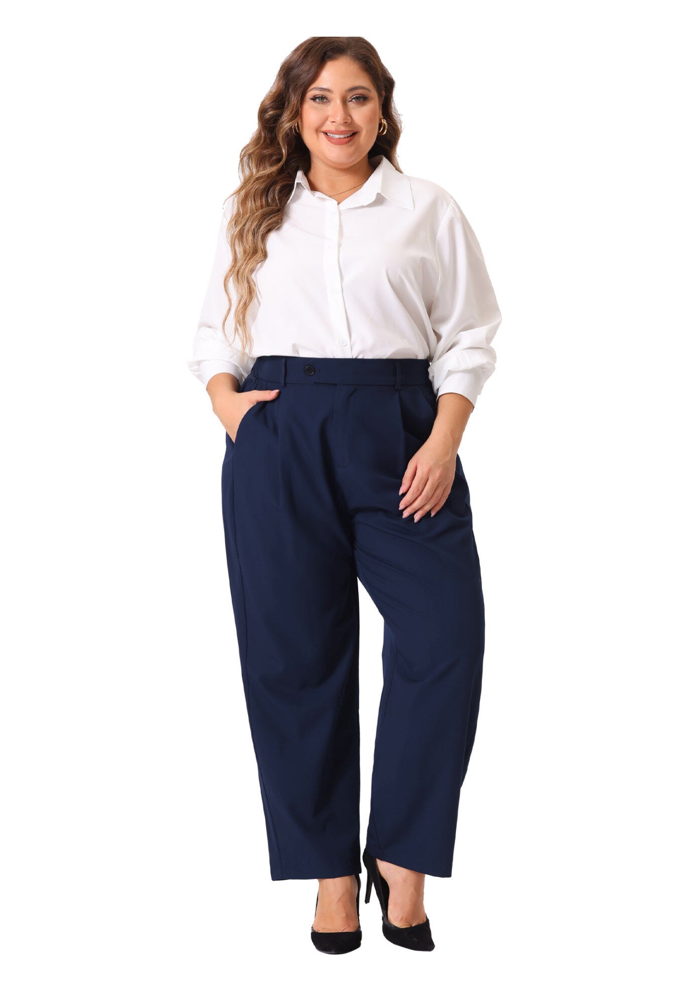 ELASTIC HIGH WAISTED LONG STRAIGHT BUSINESS CASUAL TROUSERS, Navy Blue / Navy, hi-res image number 0