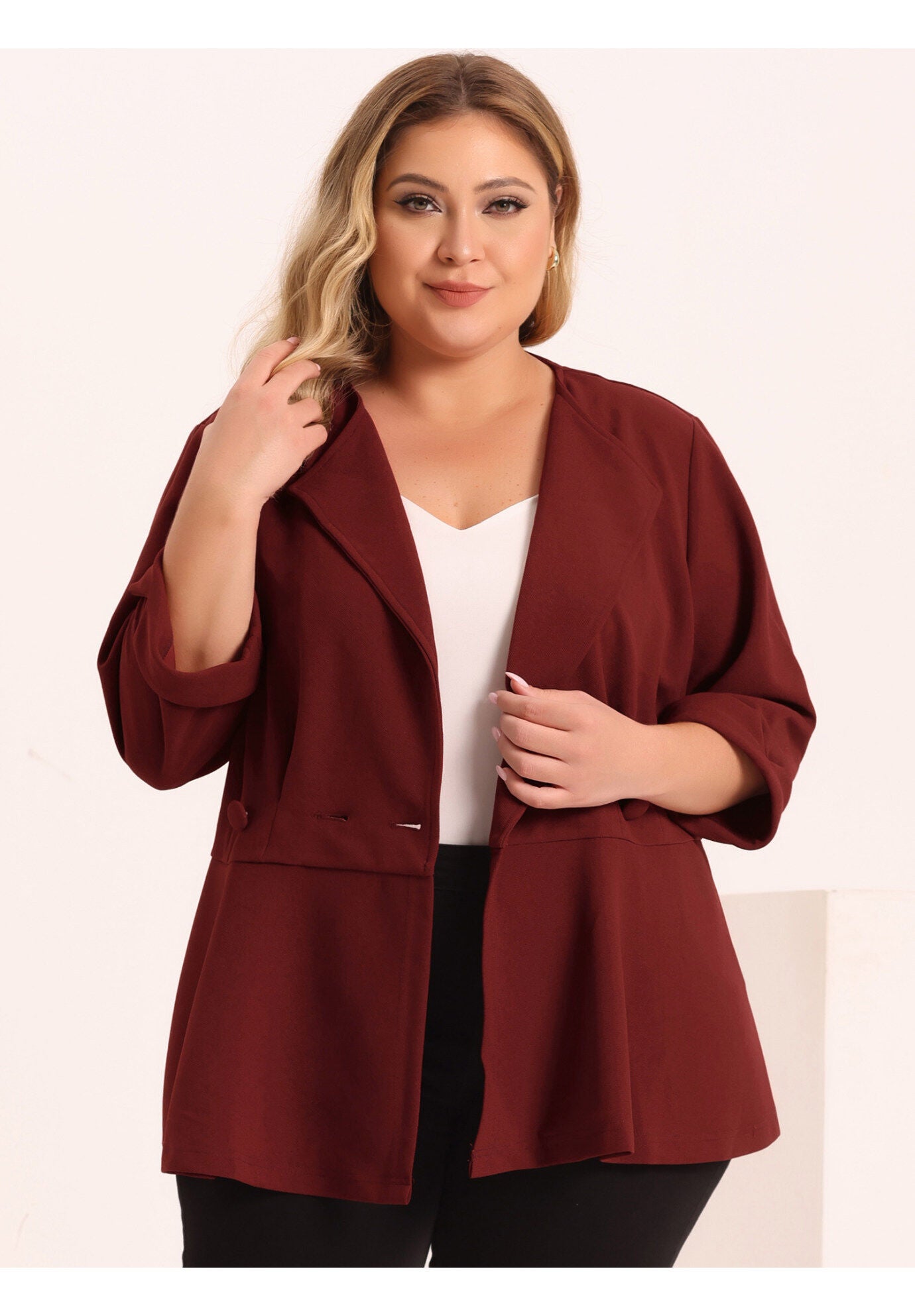 NOTCHED LAPEL PEPLUM JACKET SUIT BLAZER, Wine Red / Burgundy, alternate image number 1