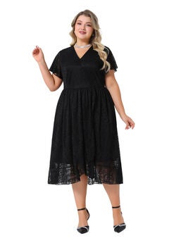 Lace Cocktail Faux Wrap V Neck Short Sleeve Flowy A Line Wedding Guest Midi Dress