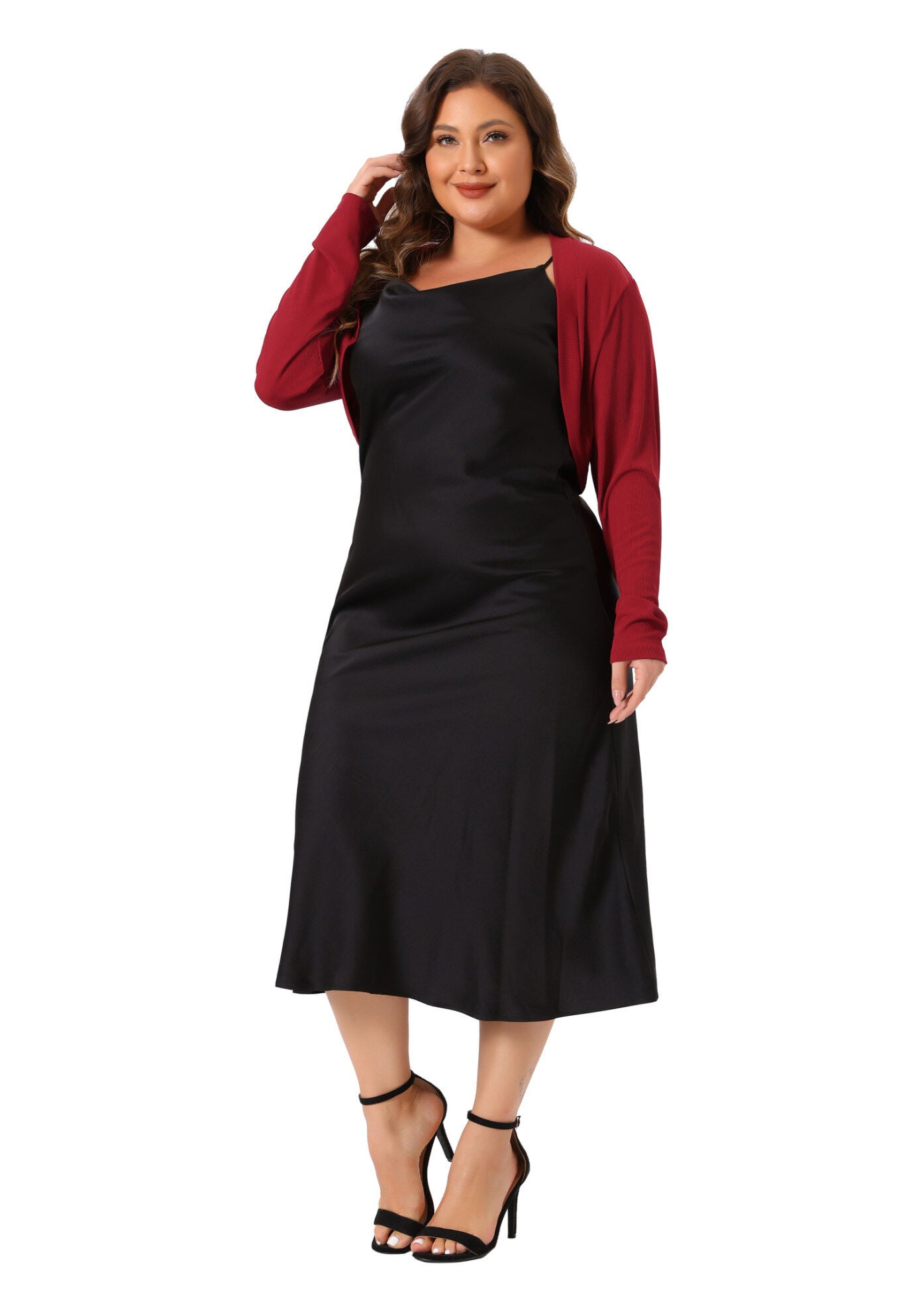 CROPPED LONG SLEEVE OPEN FRONT BOLERO SHRUG, Burgundy / Red, hi-res image number 0