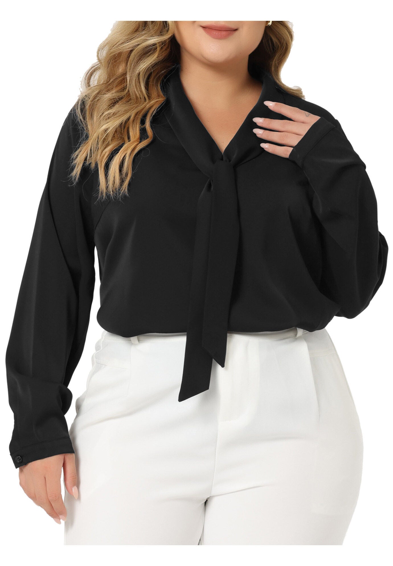 Long Sleeve Tie V Neck Chiffon Blouse, Black / Black, alternate image number 1