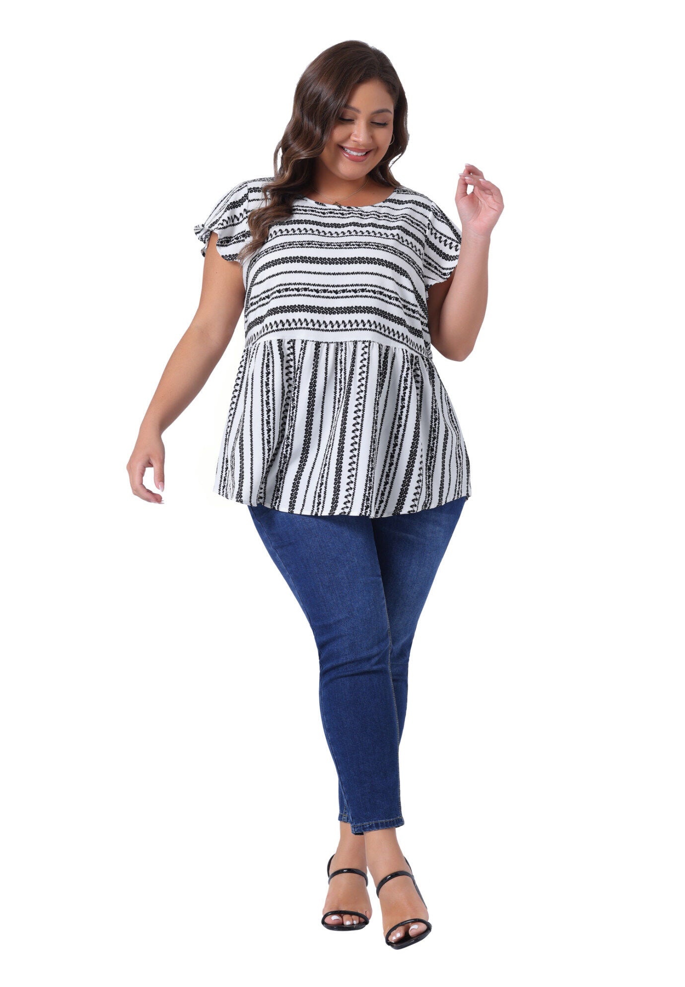 Boho Floral Printed Round Neck Ruffle Sleeve Blouse, White / White, hi-res image number 0