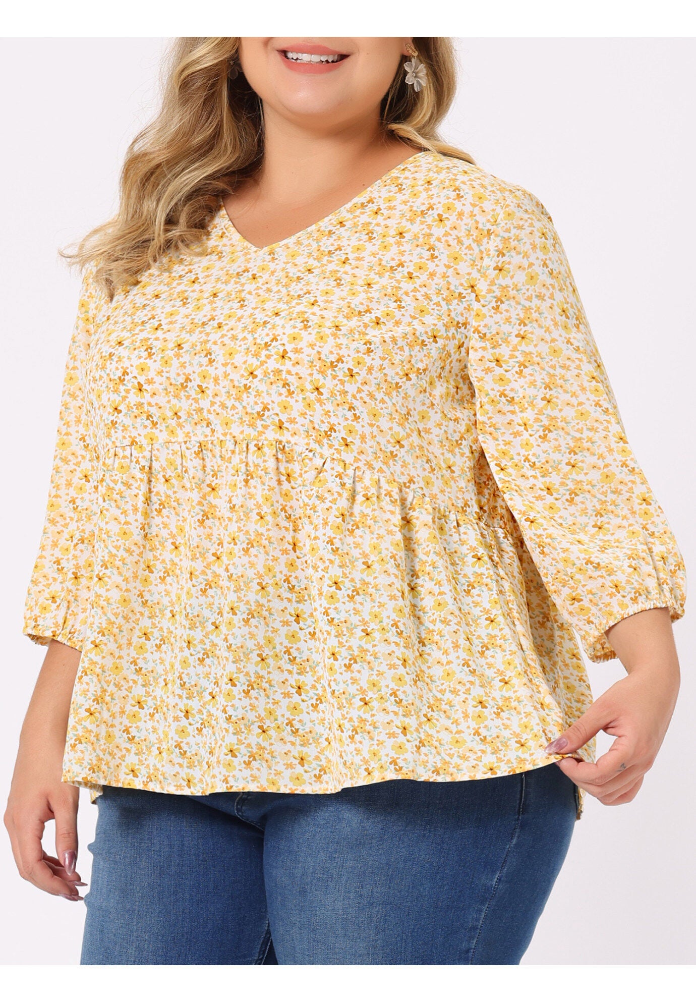 V Neck Babydoll Flowy 3/4 Lantern Sleeve Floral Blouse, Beige / Beige, alternate image number 1