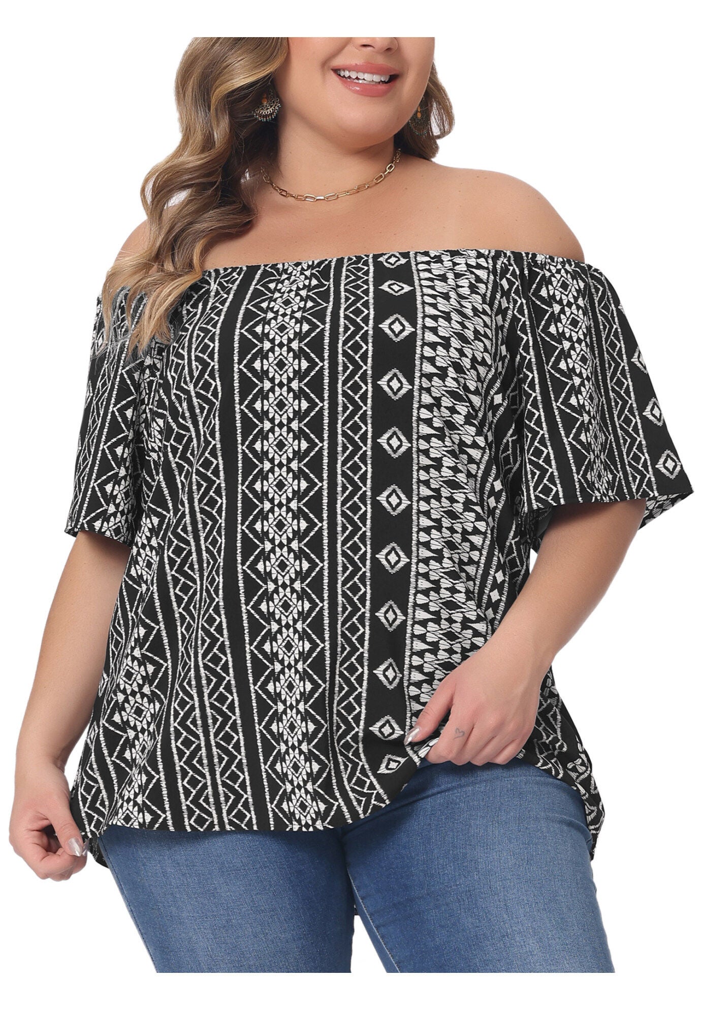 BOHO OFF SHOULDER SHORT SLEEVE CASUAL T-SHIRT TOP, Black / Black, alternate image number 1