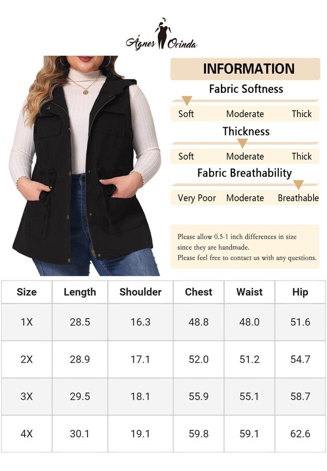 DRAWSTRING LIGHTWEIGHT SLEEVELESS CARGO HOODED ANORAK UTILITY VEST, Black / Black, alternate image number 4