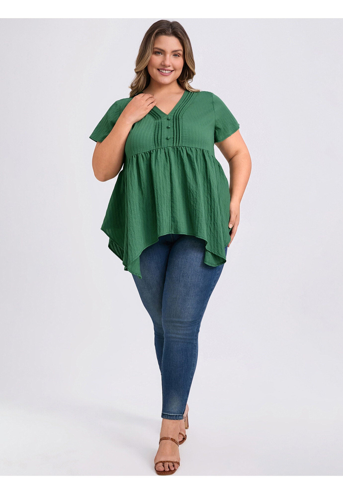 Texture Short Sleeve Pintuck Blouse Button Decor Hanky Asymmetric Hem Top, Dark Green / Forest Green, alternate image number 1