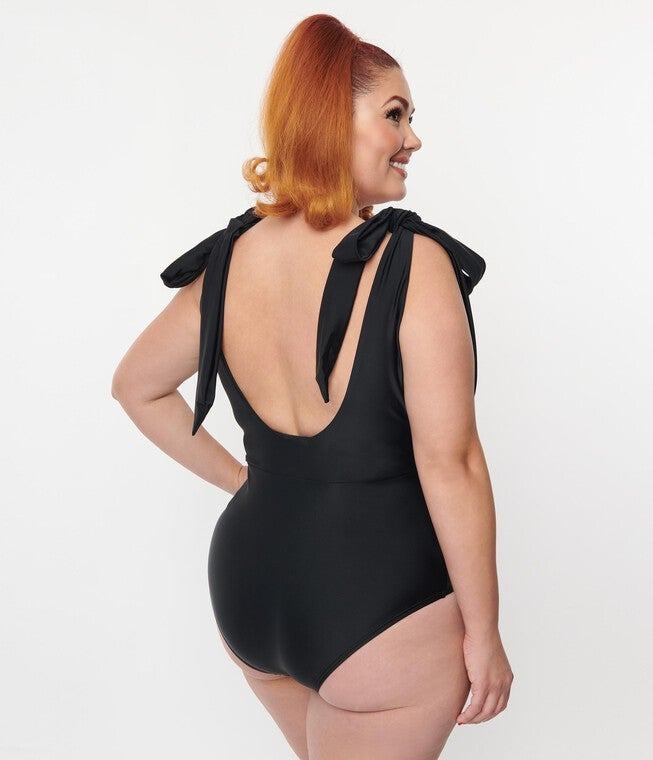 Unique Vintage Black Plunge One Piece Swimsuit, , alternate image number 5