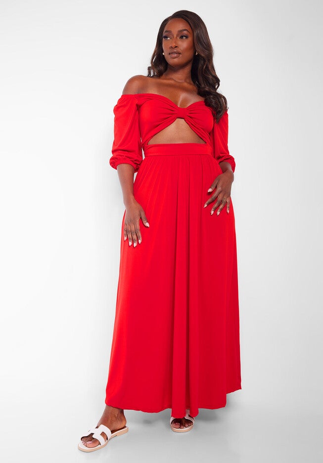 Londyn Off Shoulder Cut Out Maxi A Line Dress, Red / Red, hi-res image number 0