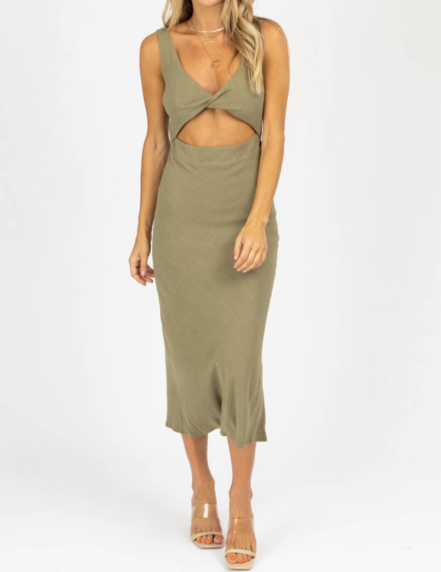 COTTON OPEN FRONT TWIST MIDI DRESS IN OLIVE, Olive / Olive Green, alternate image number 2