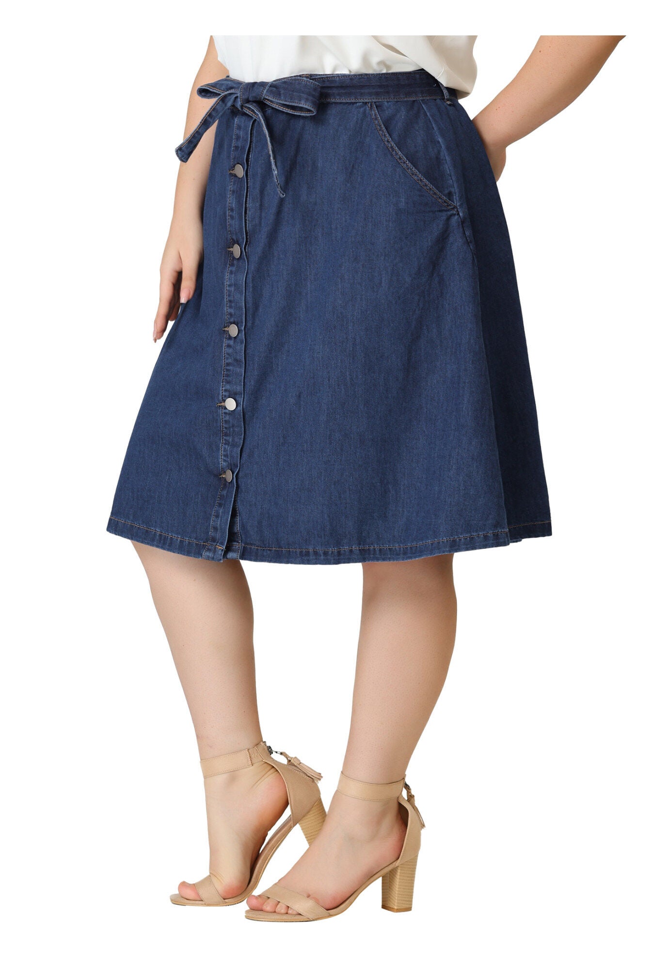 TIE WAIST A-LINE MIDI JEANS DENIM SKIRT, Medium Blue / Royal Blue, alternate image number 4