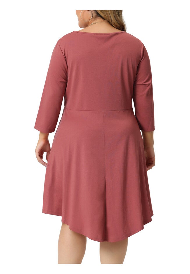 V Neck 3/4 Sleeve Swing Loose A-Line Midi Dress, Pink / Coral, alternate image number null