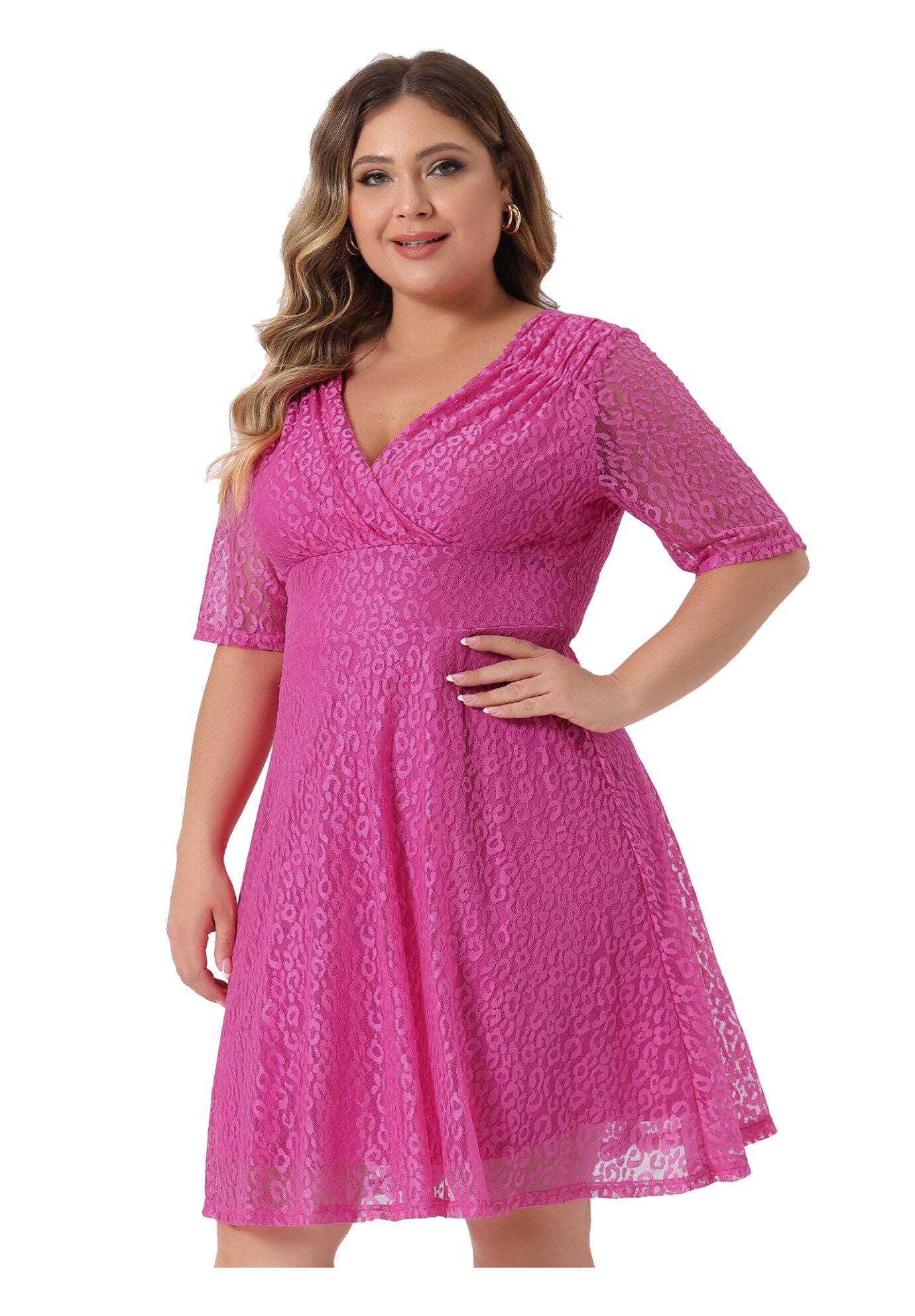 Lace Swing A-Line Cocktail Midi Dress, Hot Pink / Deep Fuchsia, alternate image number 1
