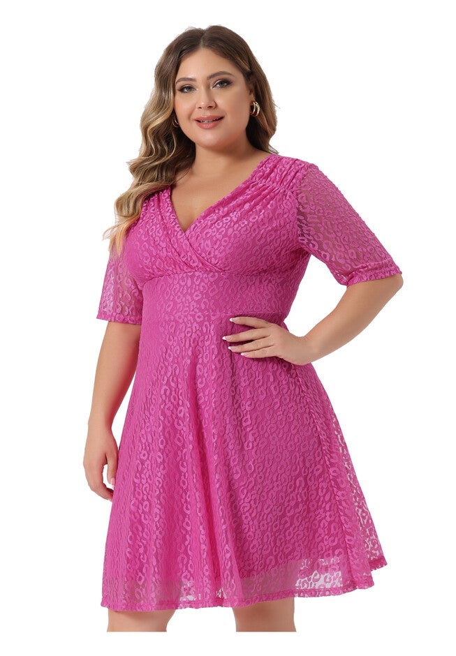 Lace Swing A-Line Cocktail Midi Dress, Hot Pink / Deep Fuchsia, alternate image number 1
