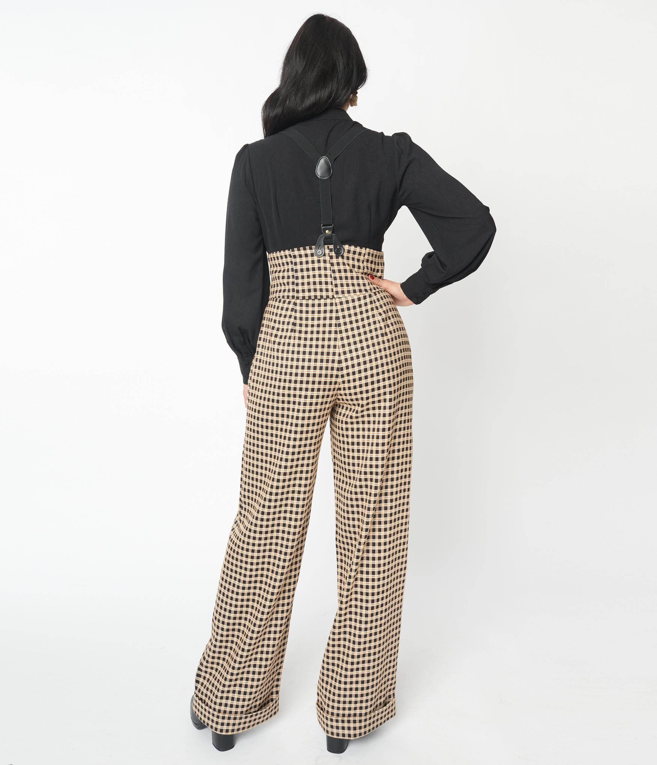 Unique Vintage Black & Beige Plaid Thelma Suspender Pants, Beige / Beige, alternate image number 1