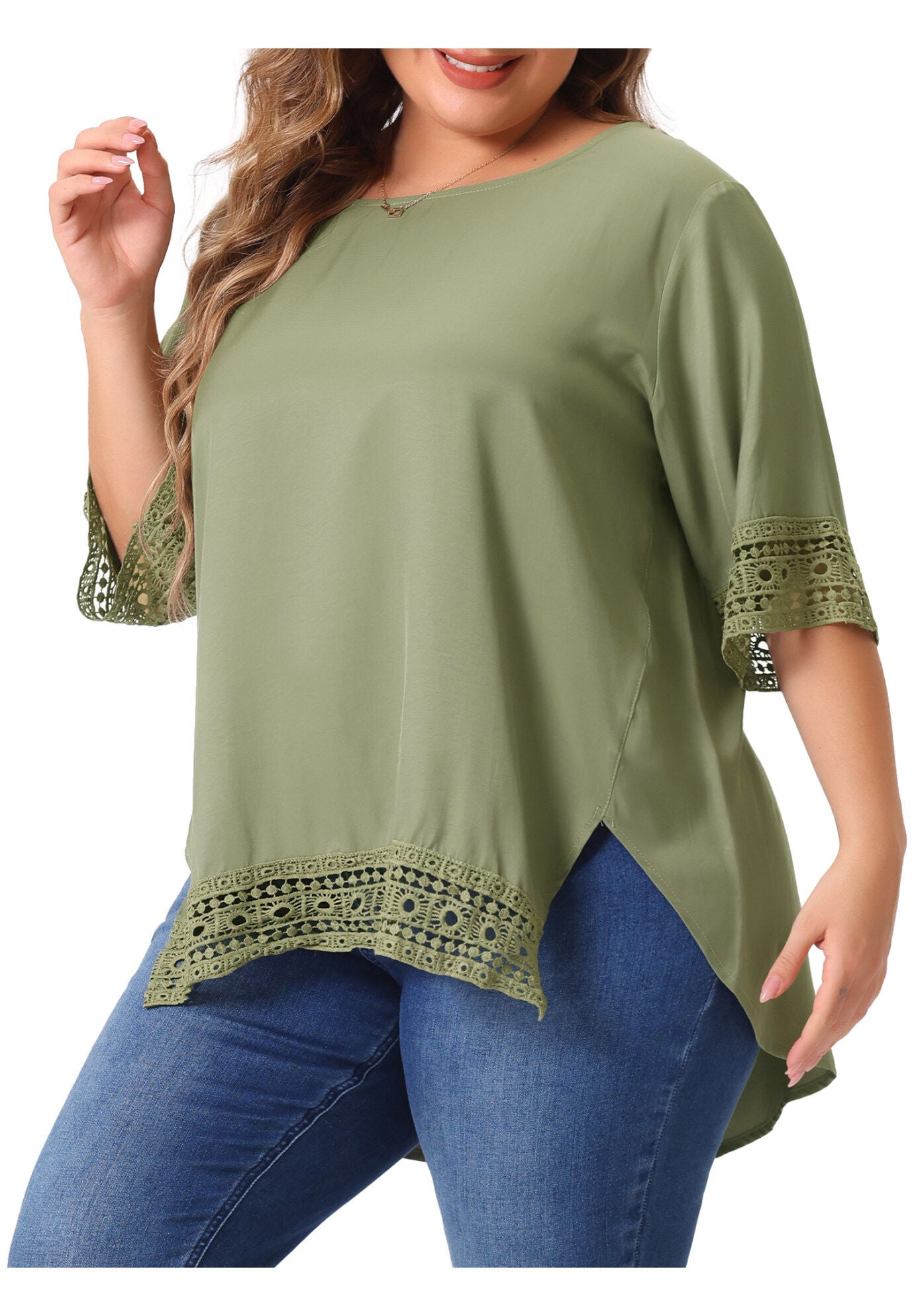 Crewneck Lace Crochet Short Sleeve Casual Loose Top, Army Green / Olive Green, alternate image number 1
