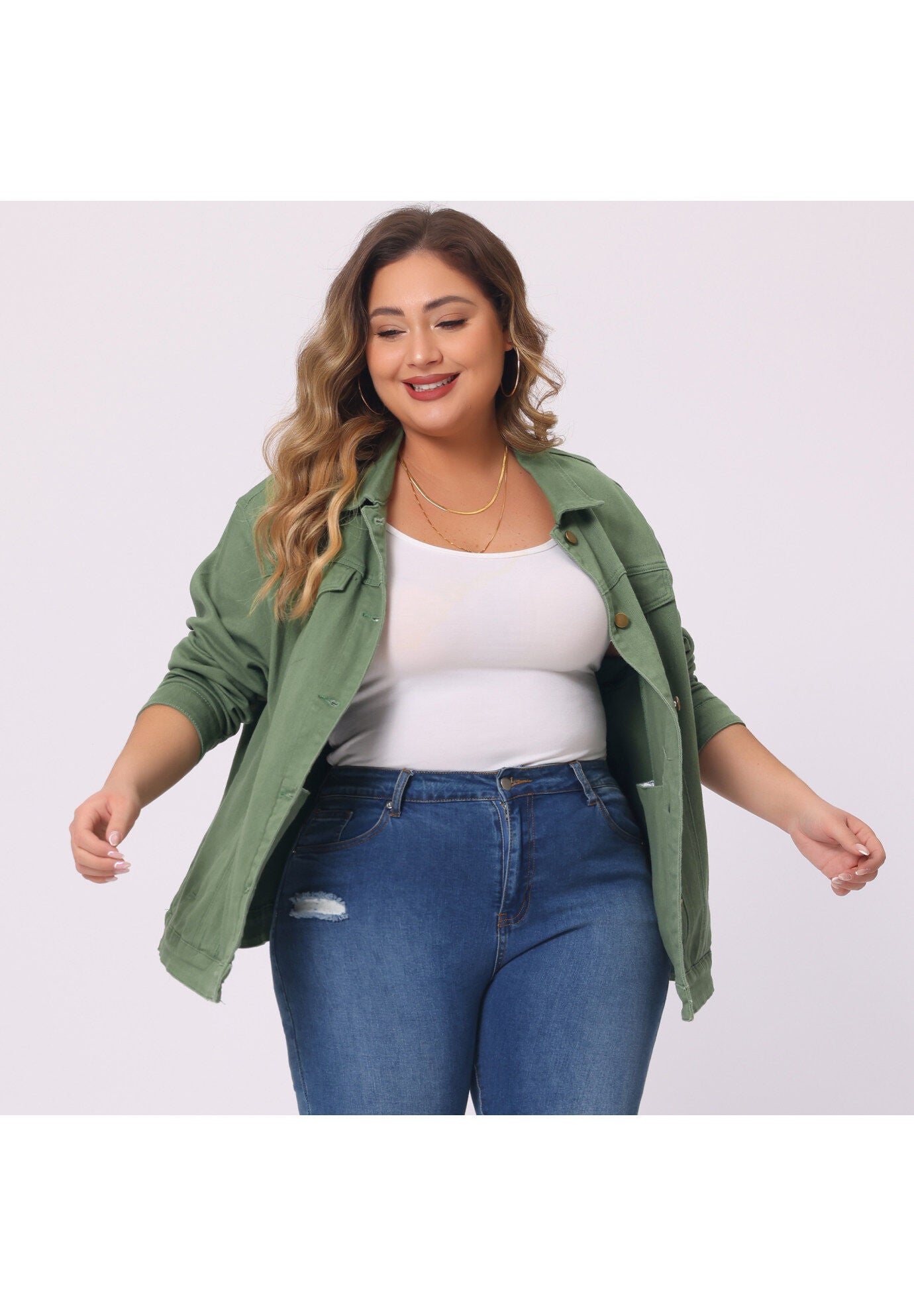 STITCHING BUTTON FRONT WASHED DENIM JACKET, Green / Olive Green, hi-res image number 0