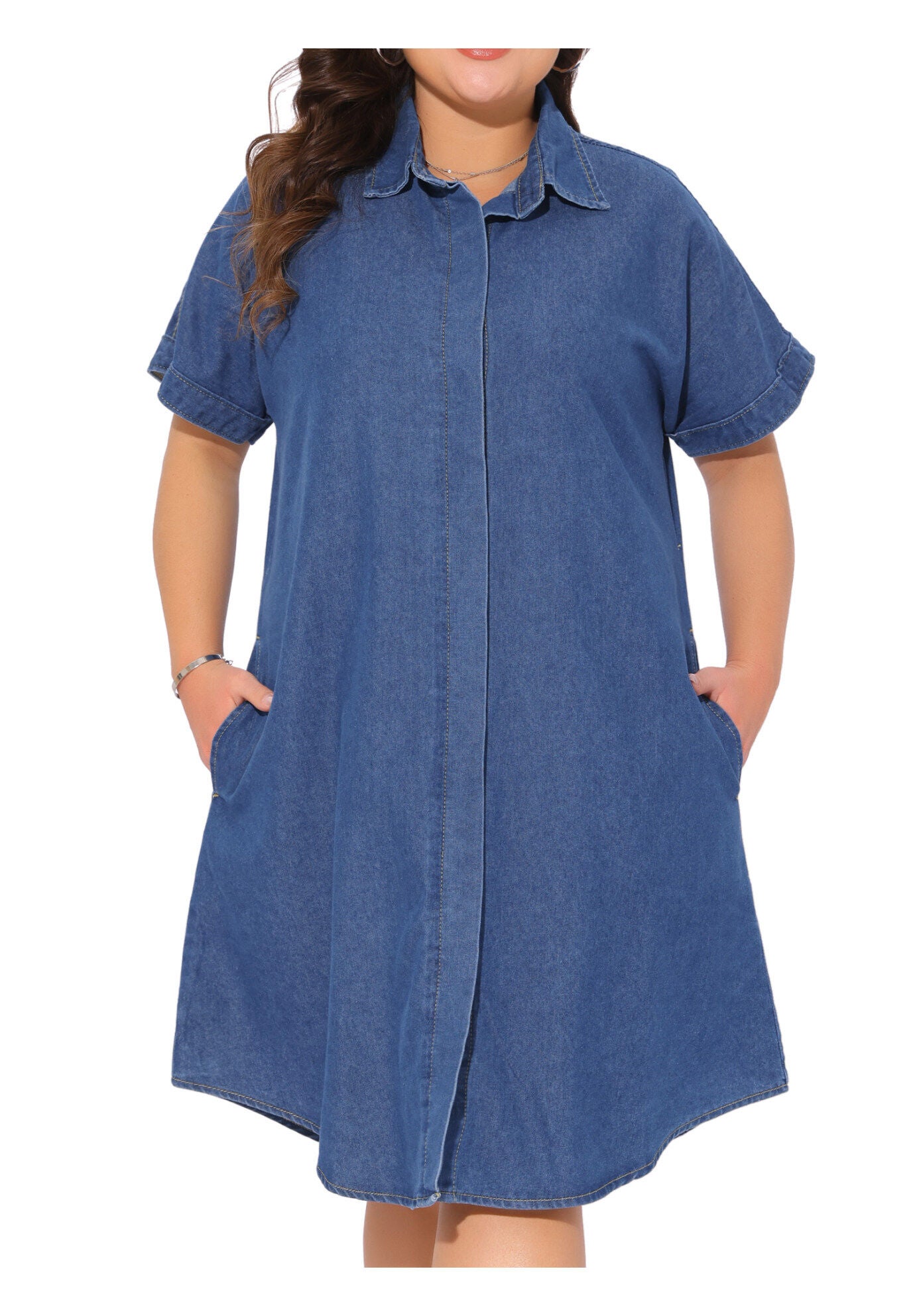 Short Sleeve Button Down with Pockets Midi Jean Denim Shirt Dress, Blue / Chambray Denim Medium, alternate image number 2