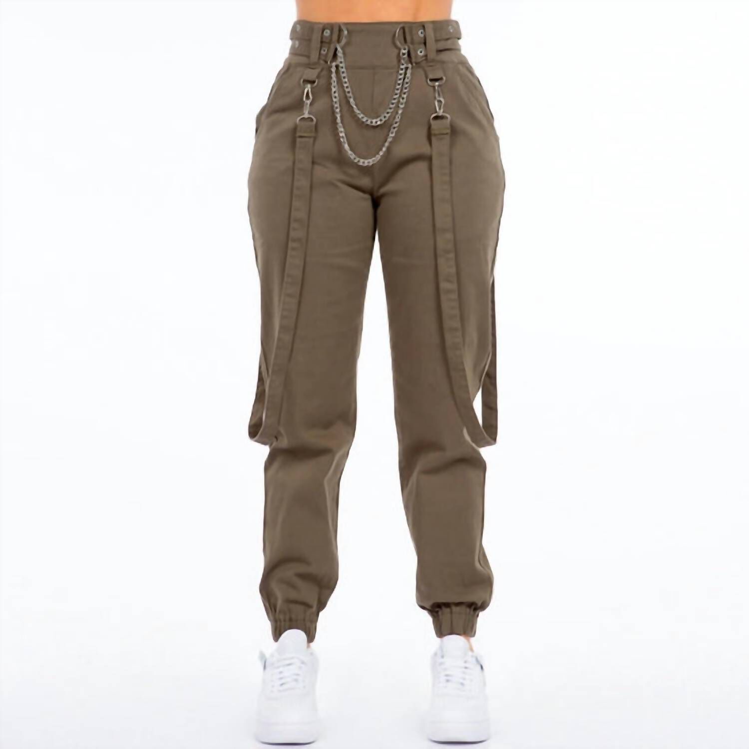 HIGH WAIST JOGGER PANTS WITH SUSPENDERS IN ARMY GREEN, Army Green / Olive Green, alternate image number 3