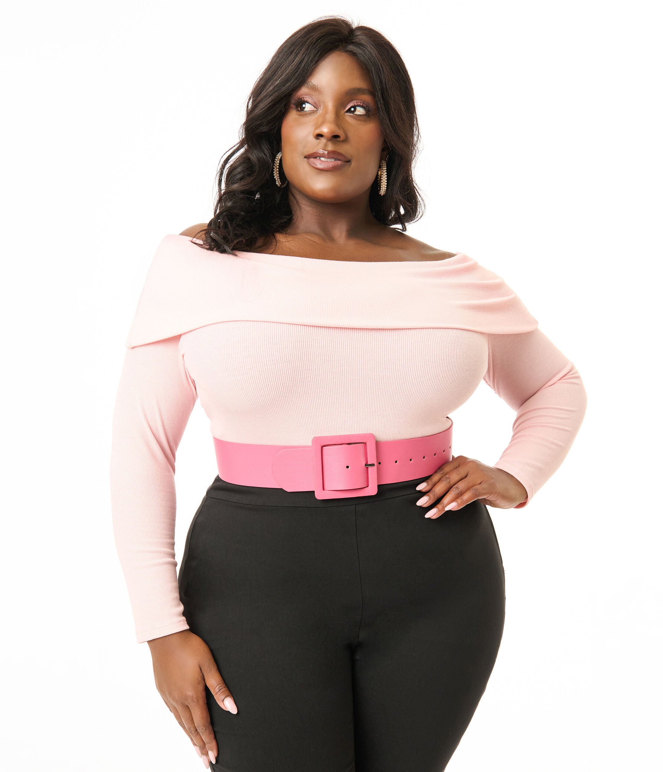 Unique Vintage Plus Size 1960s Light Pink Folded Shoulder Knit Top, Pink / Pink, hi-res image number 0