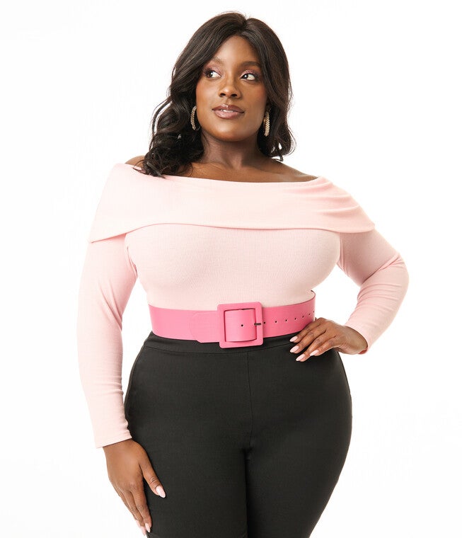 Unique Vintage Plus Size 1960s Light Pink Folded Shoulder Knit Top, Pink / Pink, hi-res image number 0