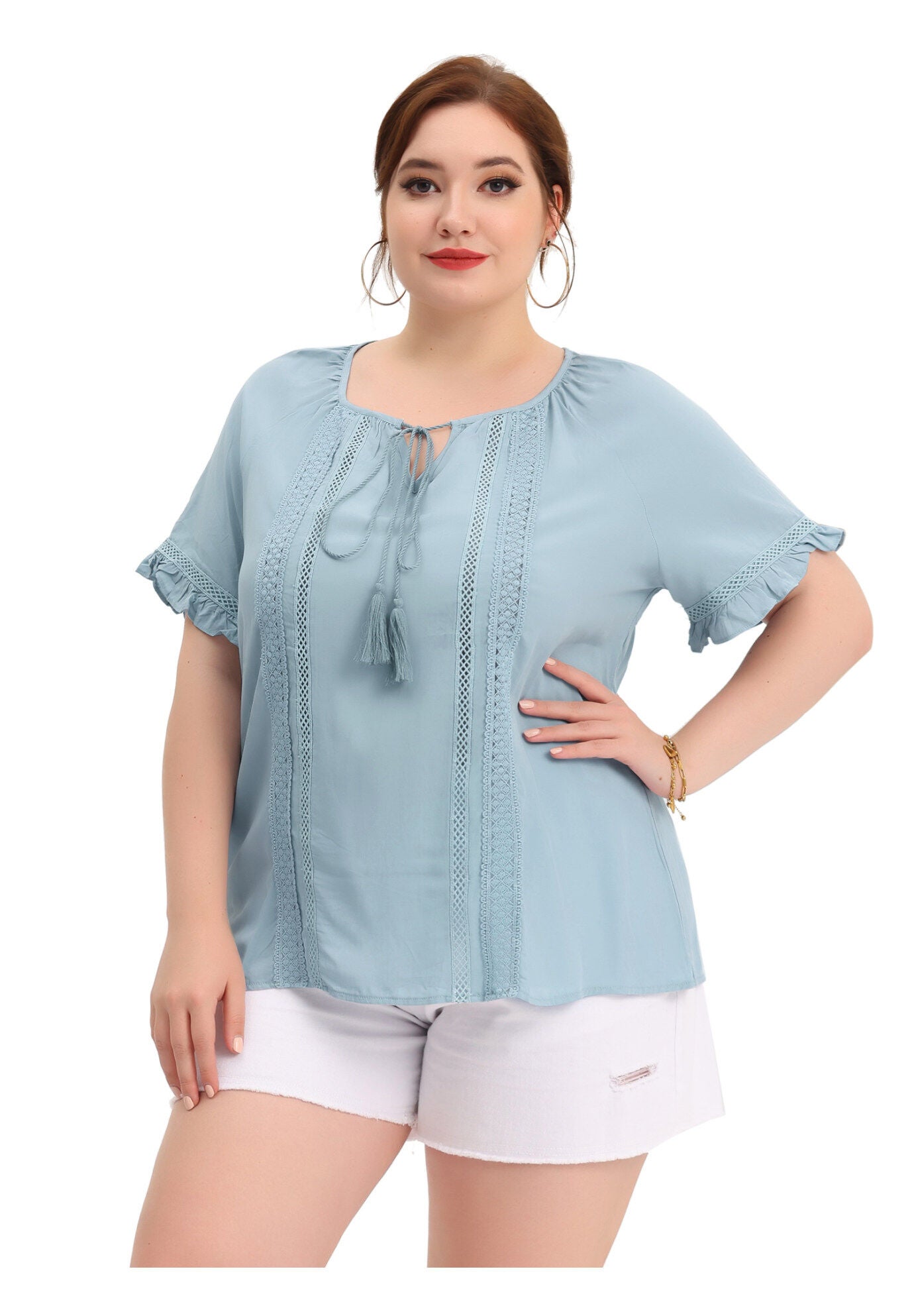 TIE NECK RUFFLE SHORT SLEEVE LACE CROCHET BLOUSE TOP, Blue / Navy, hi-res image number 0