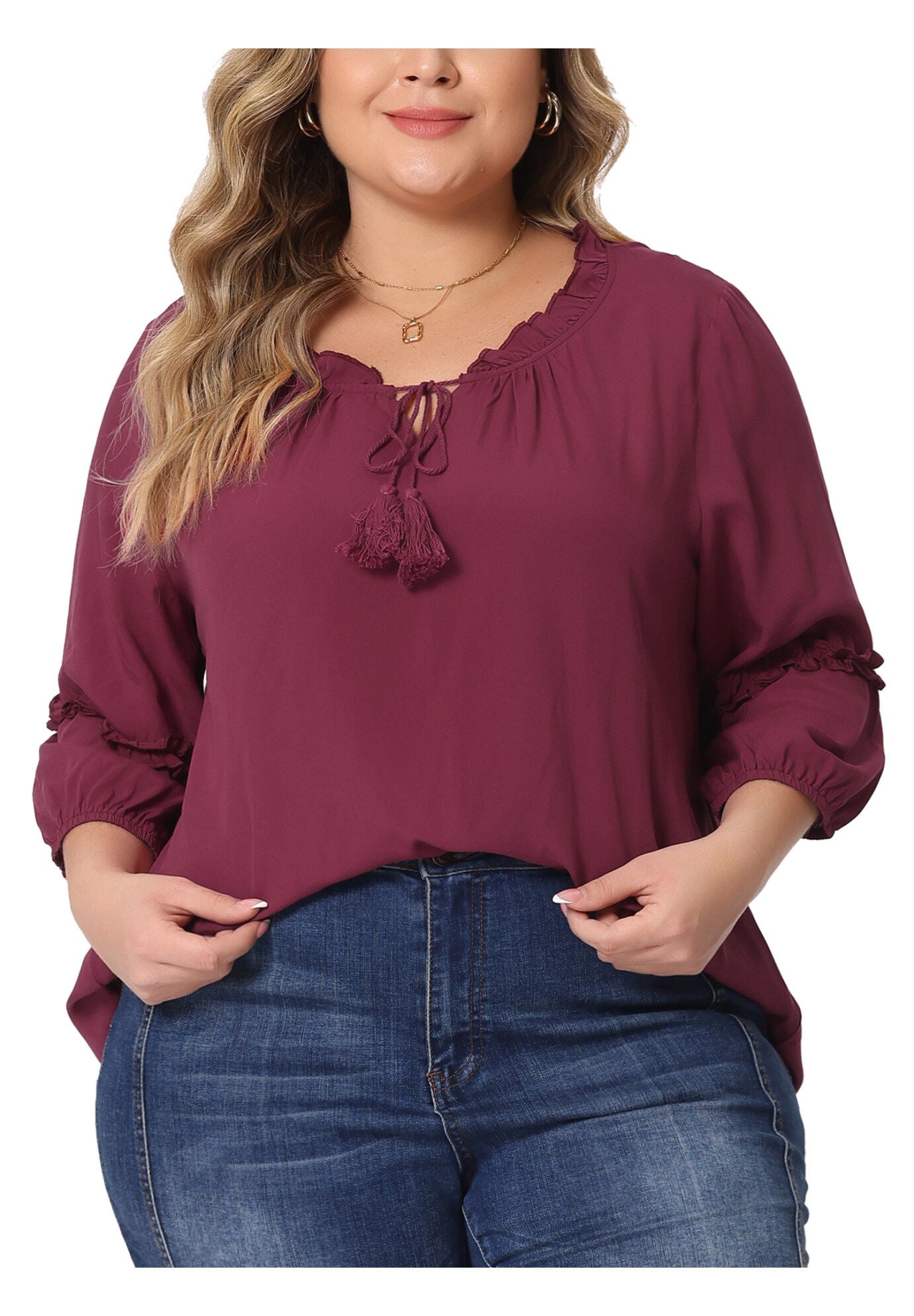 TIE NECK TASSEL SELF FLUTTER 3/4 SLEEVE BLOUSE TOP, Burgundy / Red, alternate image number 2