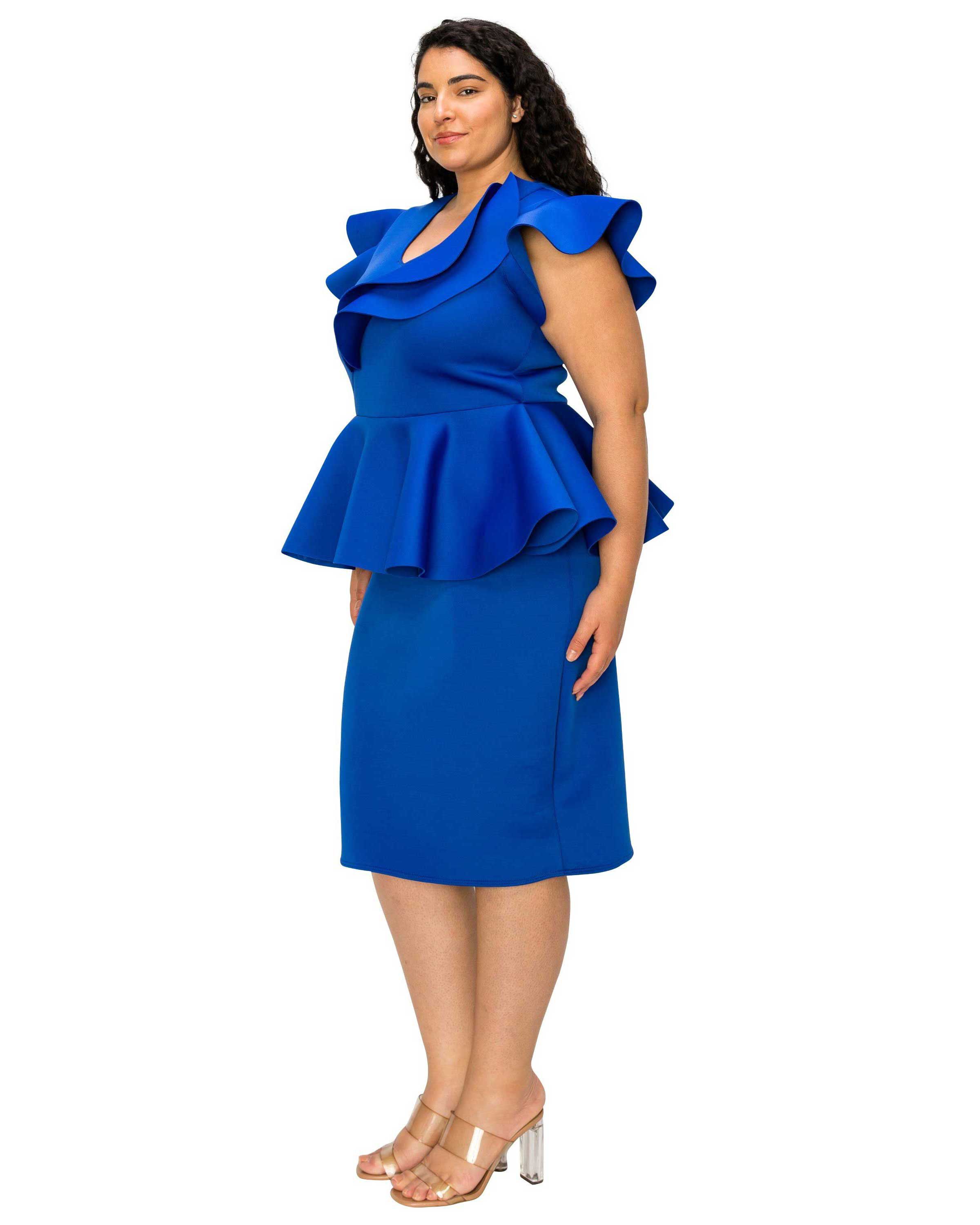 ONYX NEOPRENE PEPLUM DRESS, Royal / Royal Blue, alternate image number 1