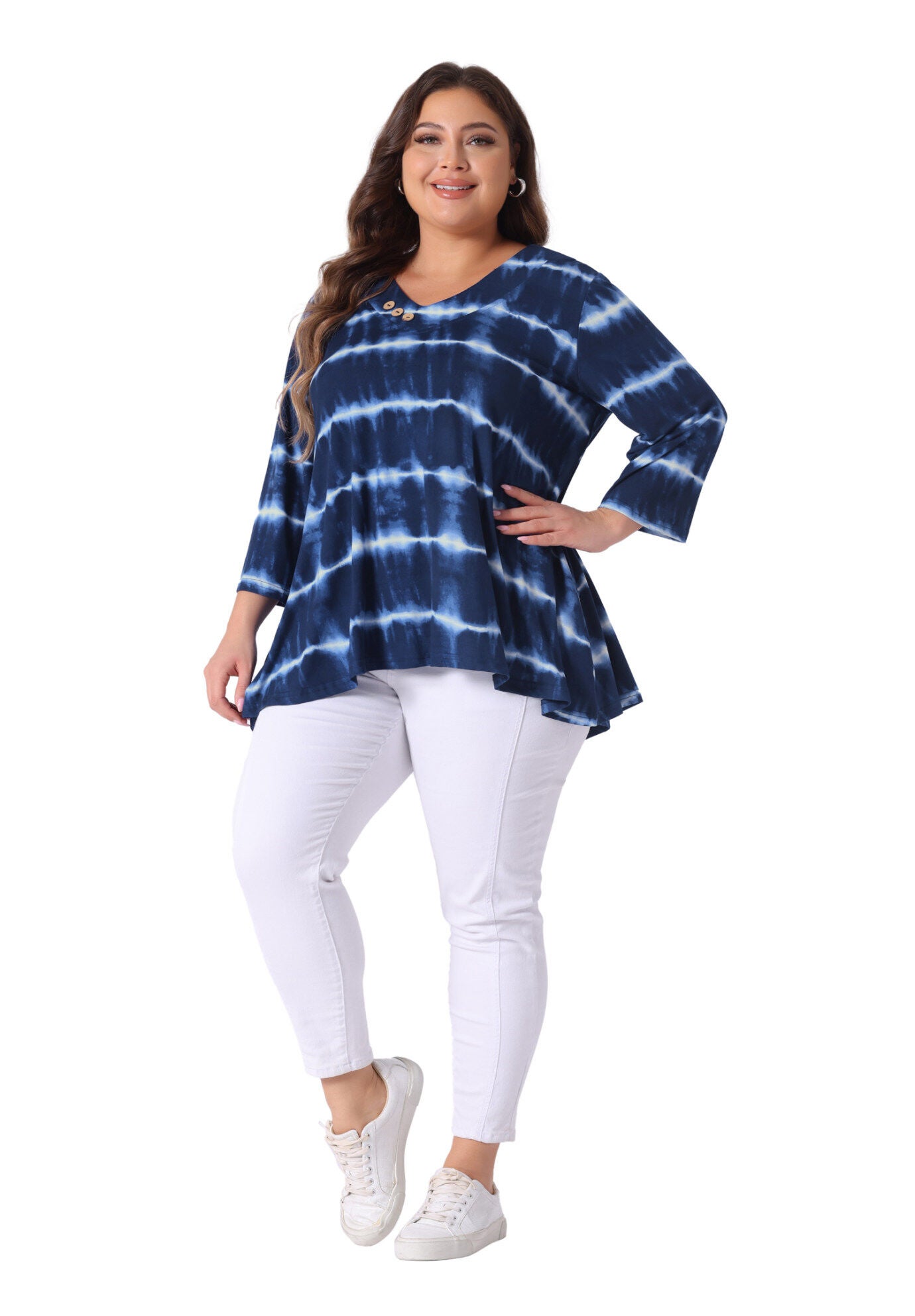 Elbow 3/4 Sleeve Loose Fit Tie Dye Tunic Top, Blue White / White, hi-res image number 0