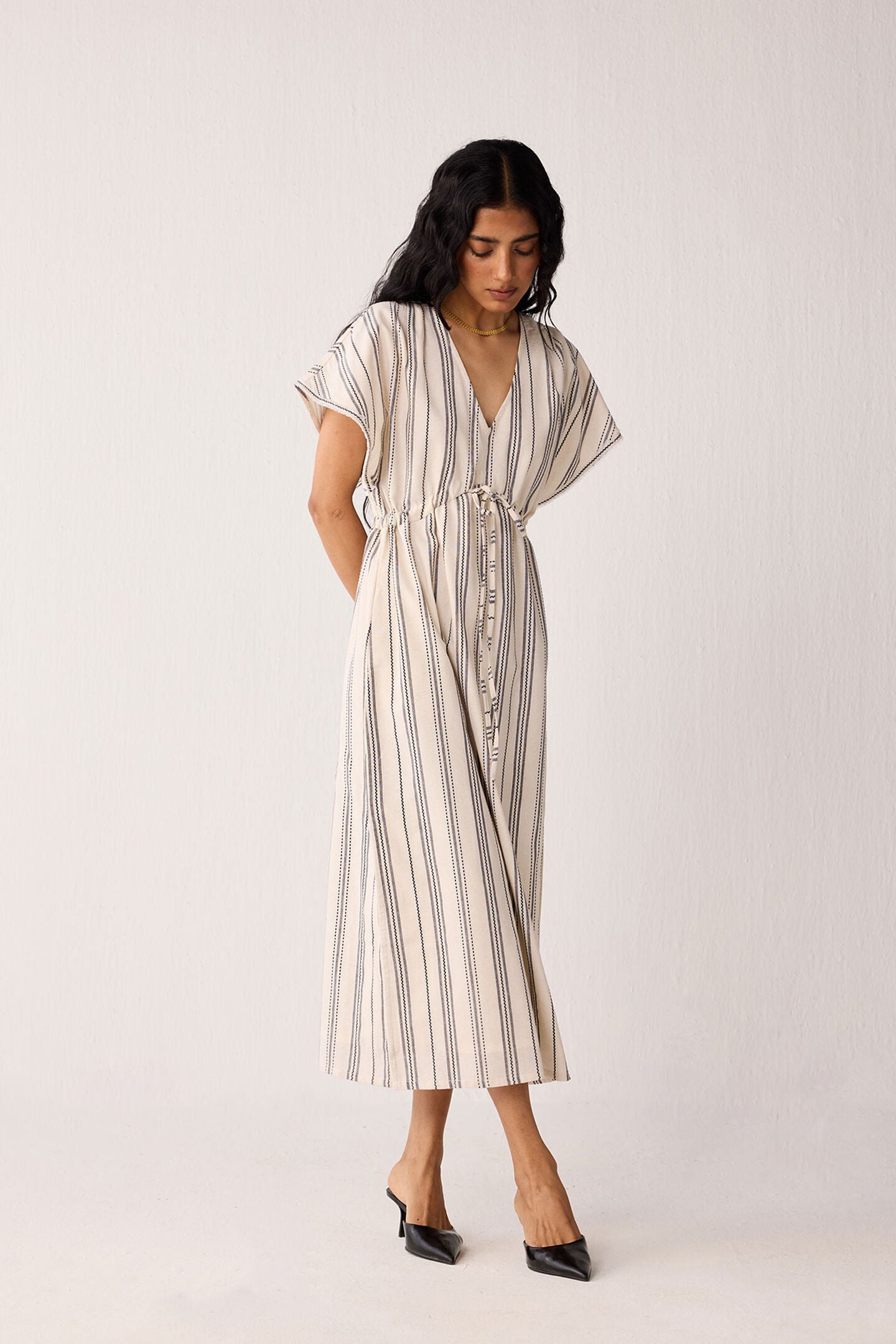 Maxi Gathered Dress with Side Slits in Stripes, Linear Canvas / Cream, alternate image number 4