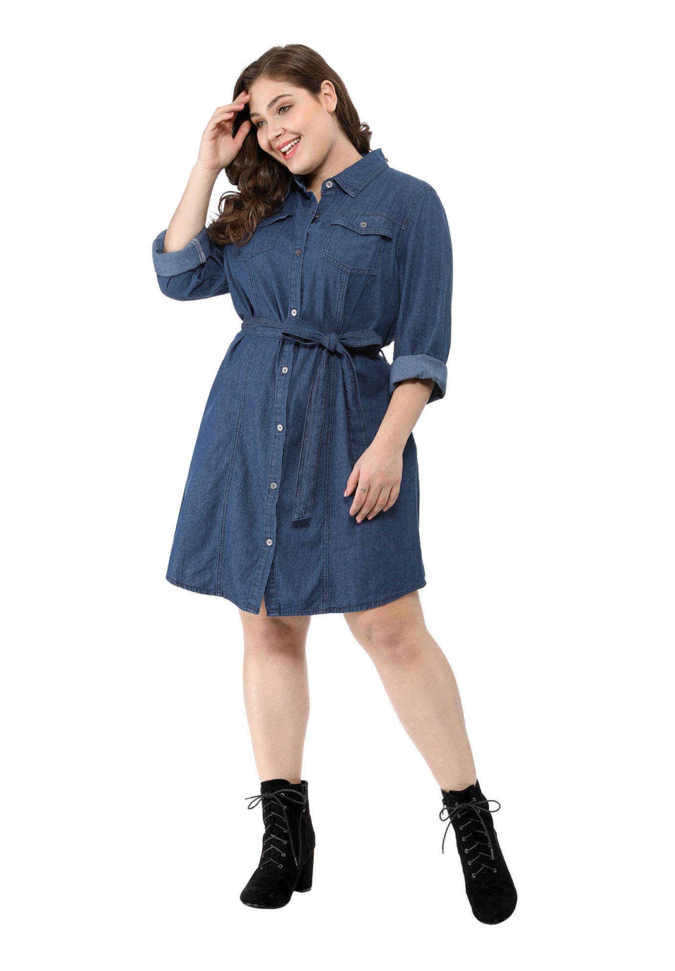 BUTTON DOWN LONG SLEEVE MIDI JEAN DENIM SHIRT DRESS, , hi-res image number 0