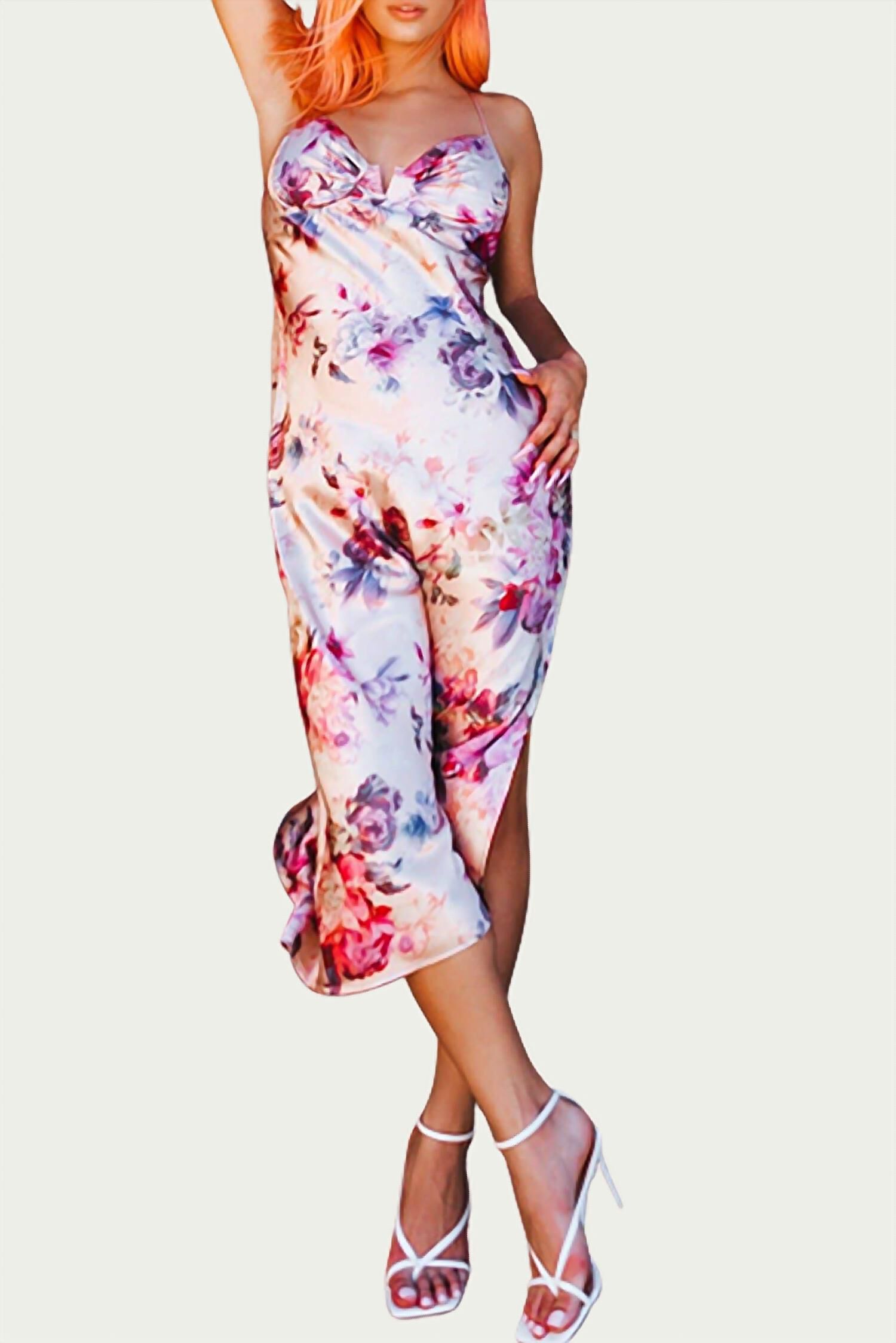 FLORAL SATIN BUSTIER SLIP DRESS IN BLUSH, Blush / Pink, hi-res image number 0