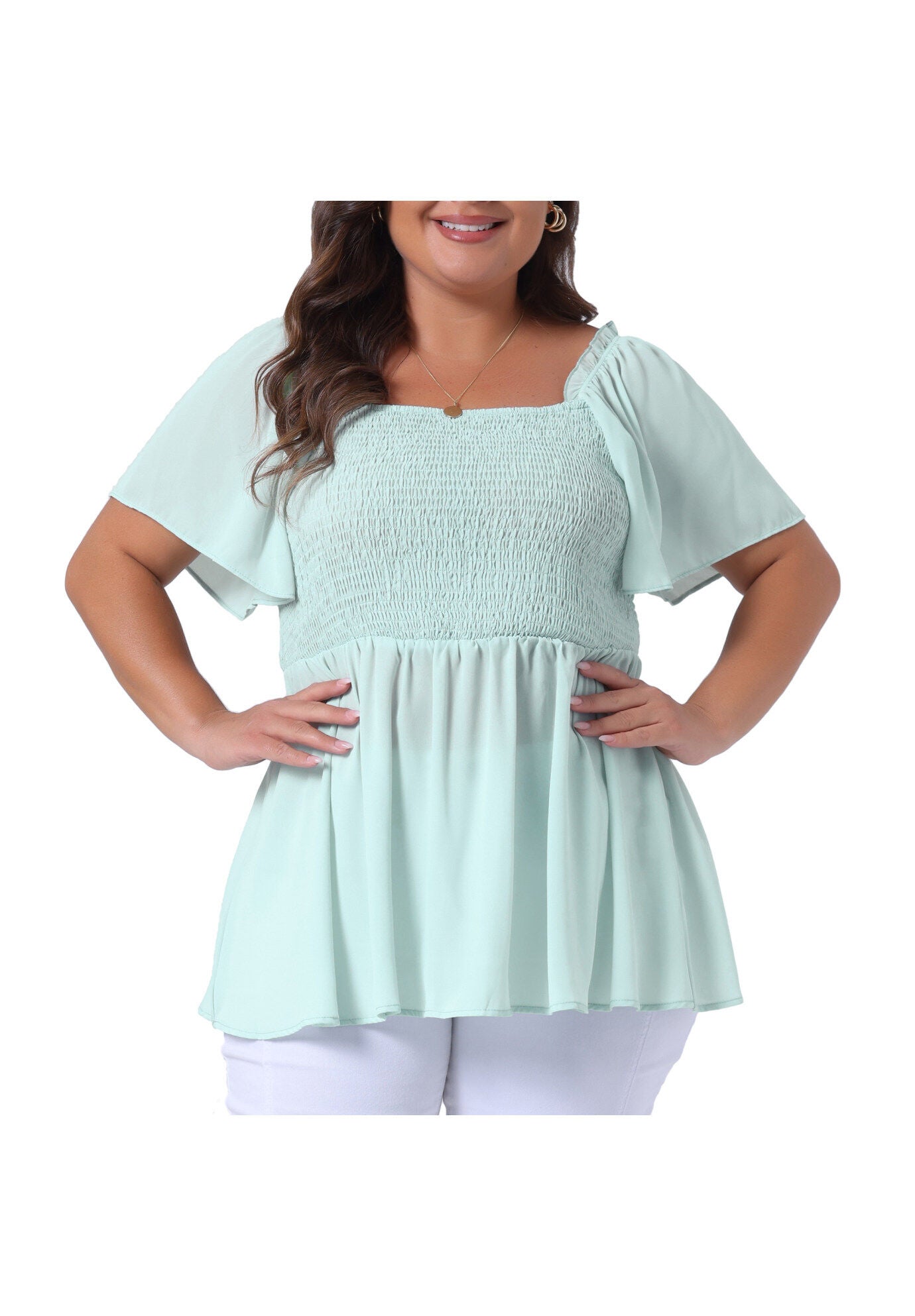 Square Neck Short Sleeve Ruffle Hem Loose Fit Blouse, Light Green / Light Green, alternate image number 1