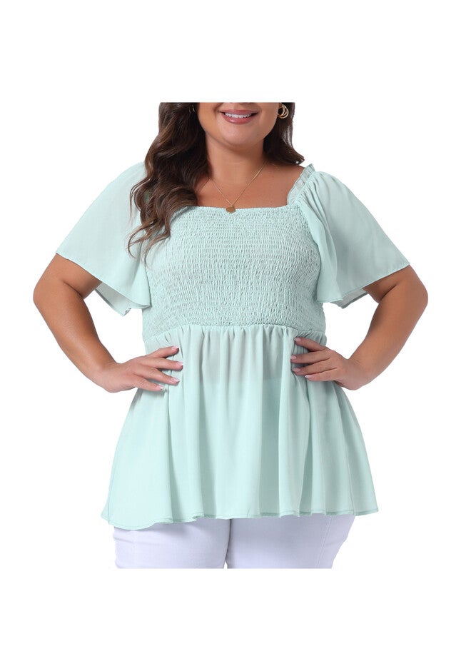 Square Neck Short Sleeve Ruffle Hem Loose Fit Blouse, Light Green / Light Green, alternate image number 1