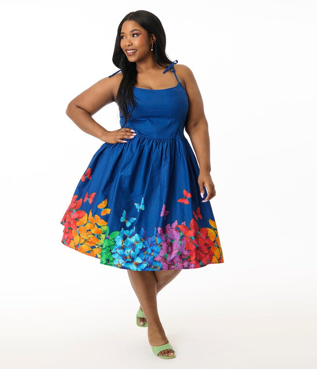 Unique Vintage Plus Size Rainbow Butterfly Cotton Bobbie Swing Dress, White / White, hi-res image number 0