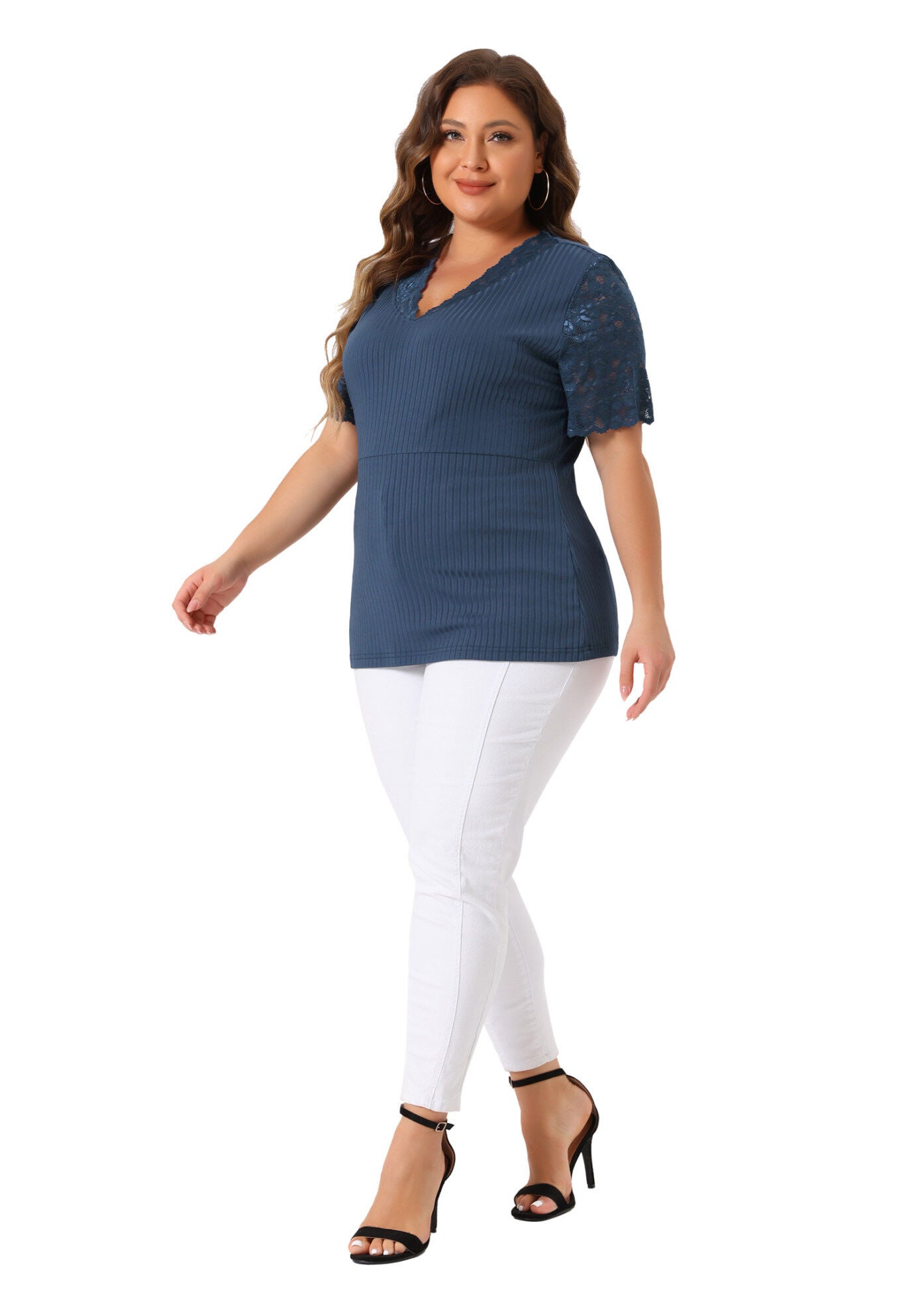 V Neck Short Sleeve Lace Ribbed Knit Tunic Top, Navy Blue / Navy, hi-res image number 0