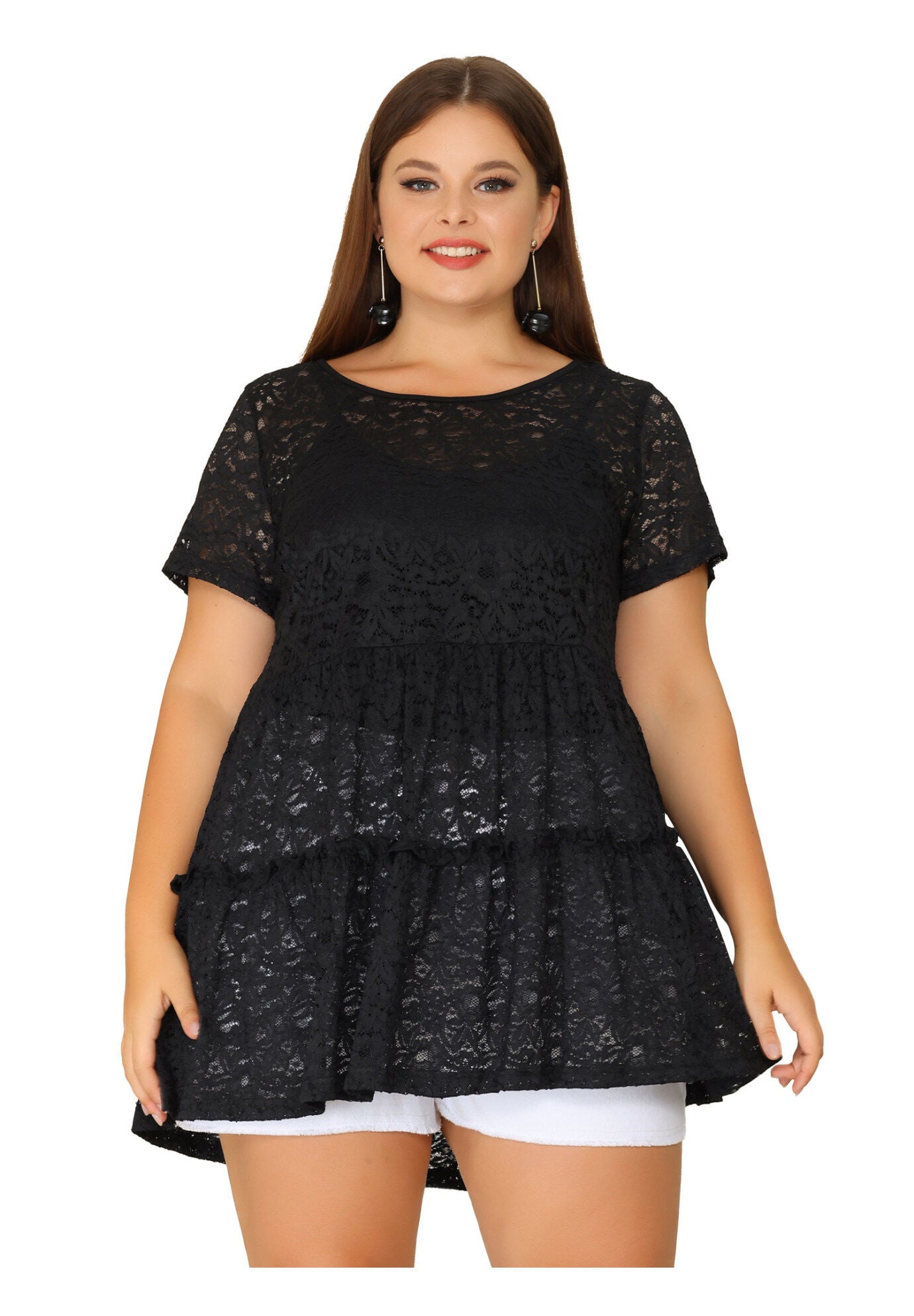 Babydoll Blouse Lace Allover Short Sleeve Tiered Peplum Top, Black / Black, hi-res image number 0
